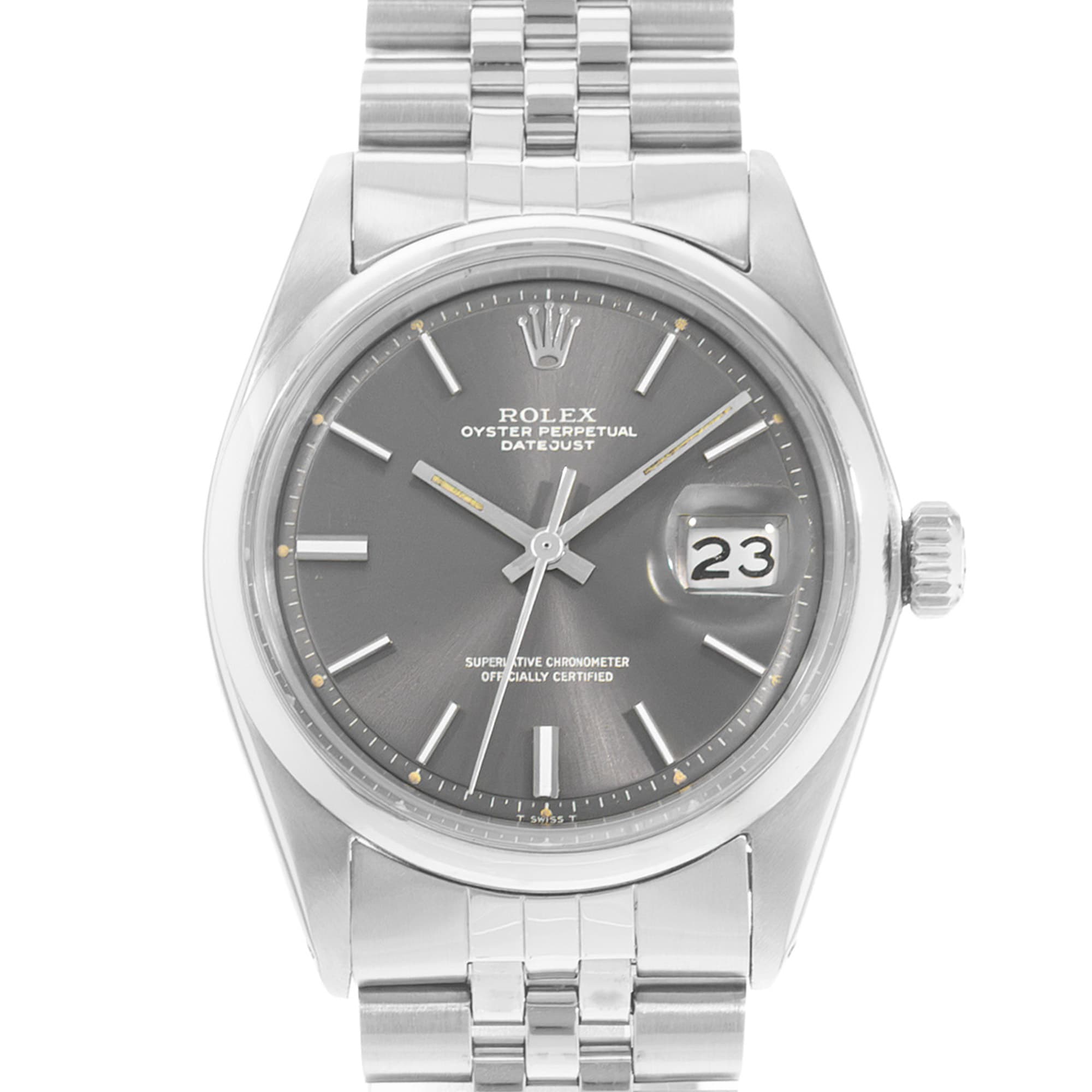 Rolex Datejust 36 1600 Vintage Patina Grey Index Steel Smooth Mens Watch 1975