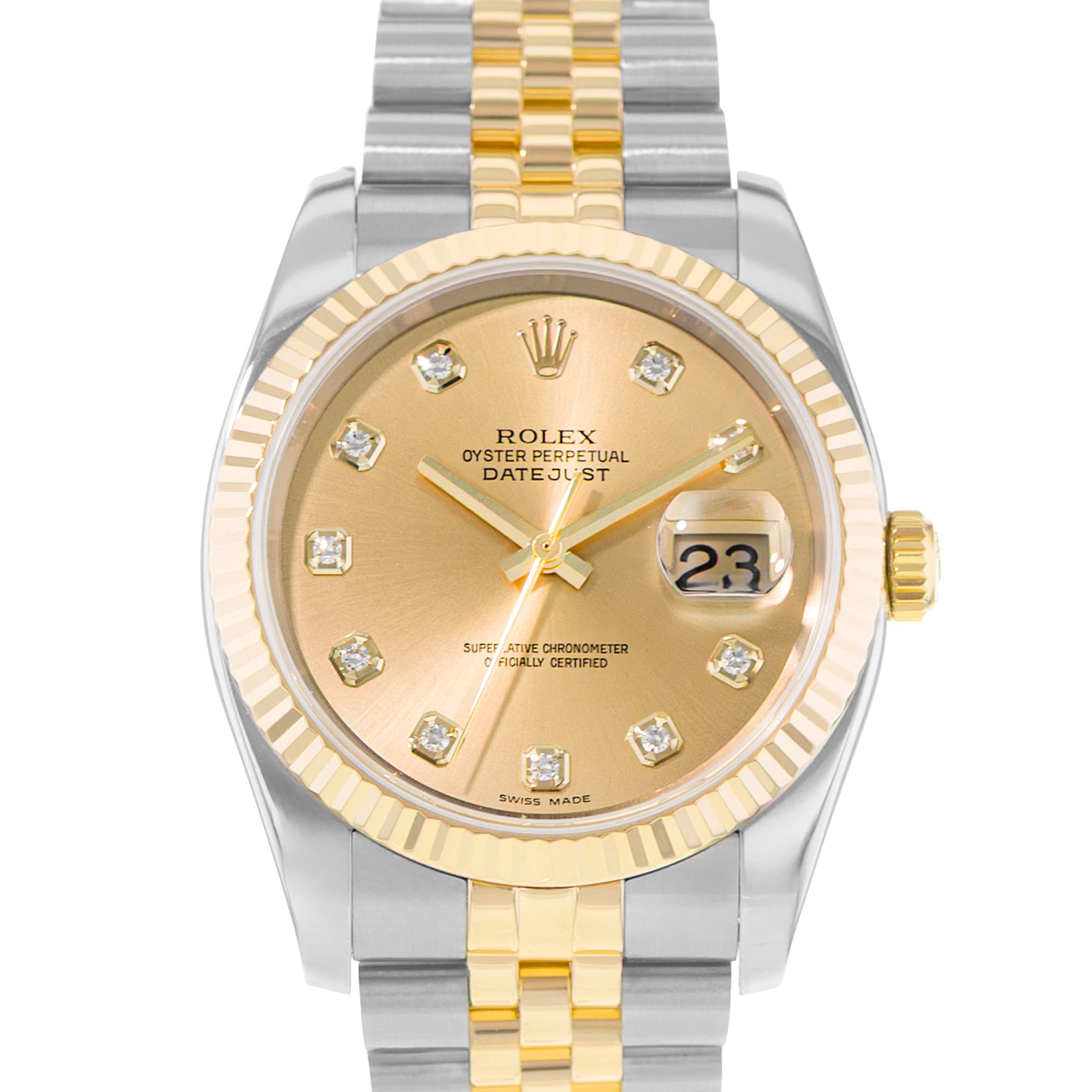 Rolex Datejust 36 116233 Champagne Diamond Fluted Steel Gold Mens Watch 2006