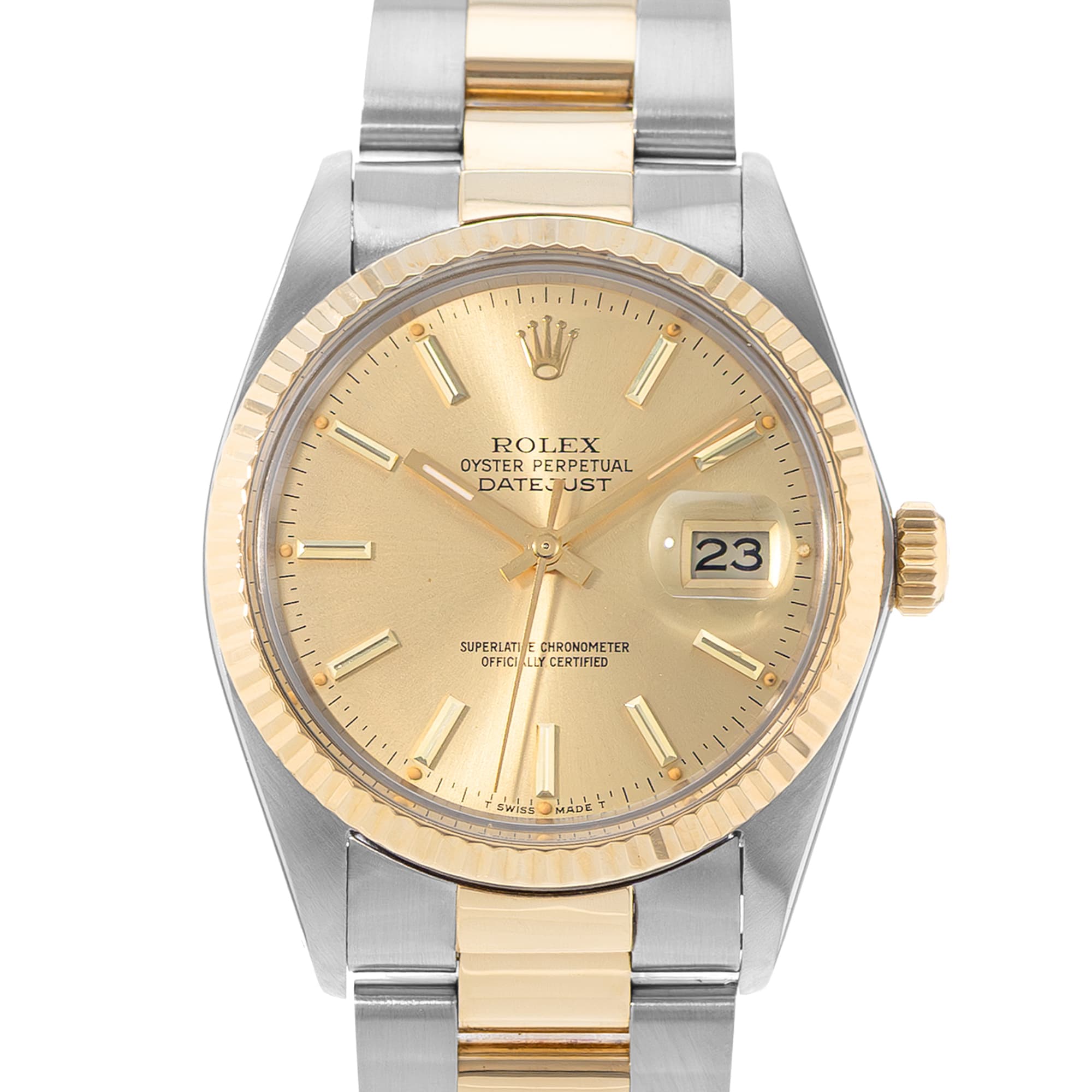 Rolex Datejust 36 16013 Champagne Index Dial Steel 18k Yellow Gold Mens Watch