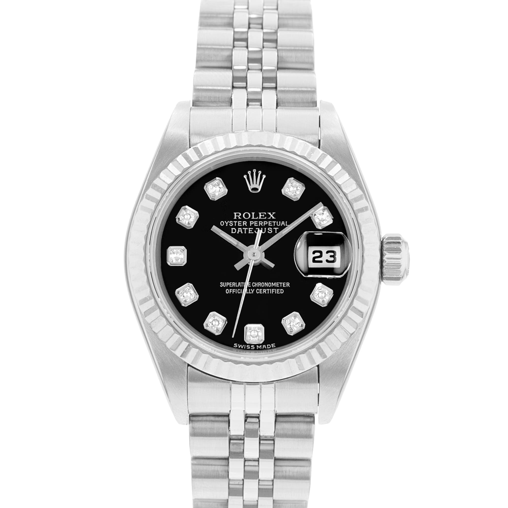 Rolex Datejust 26 79174 Black Diamond Steel White Gold Fluted Ladies Watch 2000