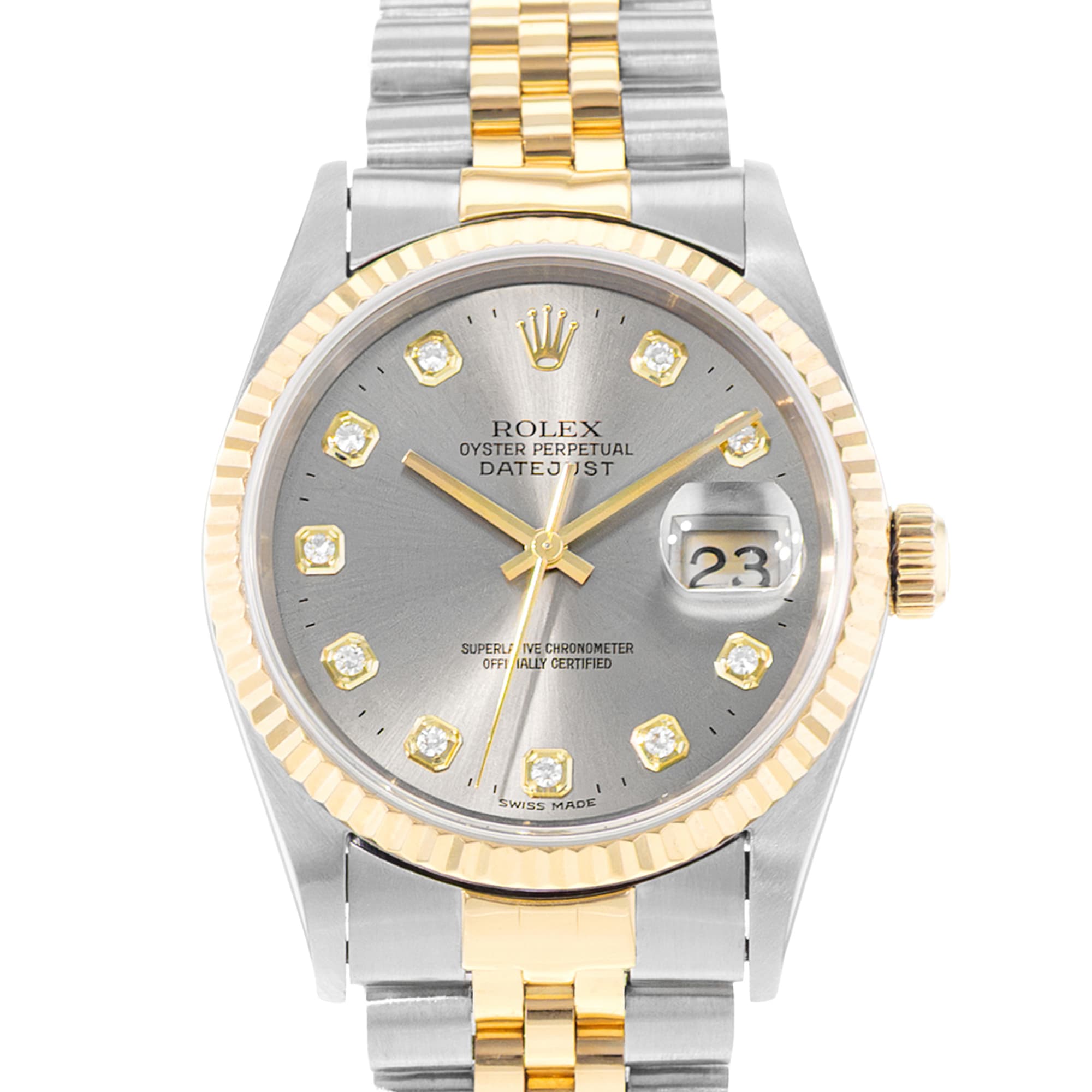 Rolex Datejust 36 16233 Silver Factory Diamond Steel Yellow Gold Mens Watch 1996