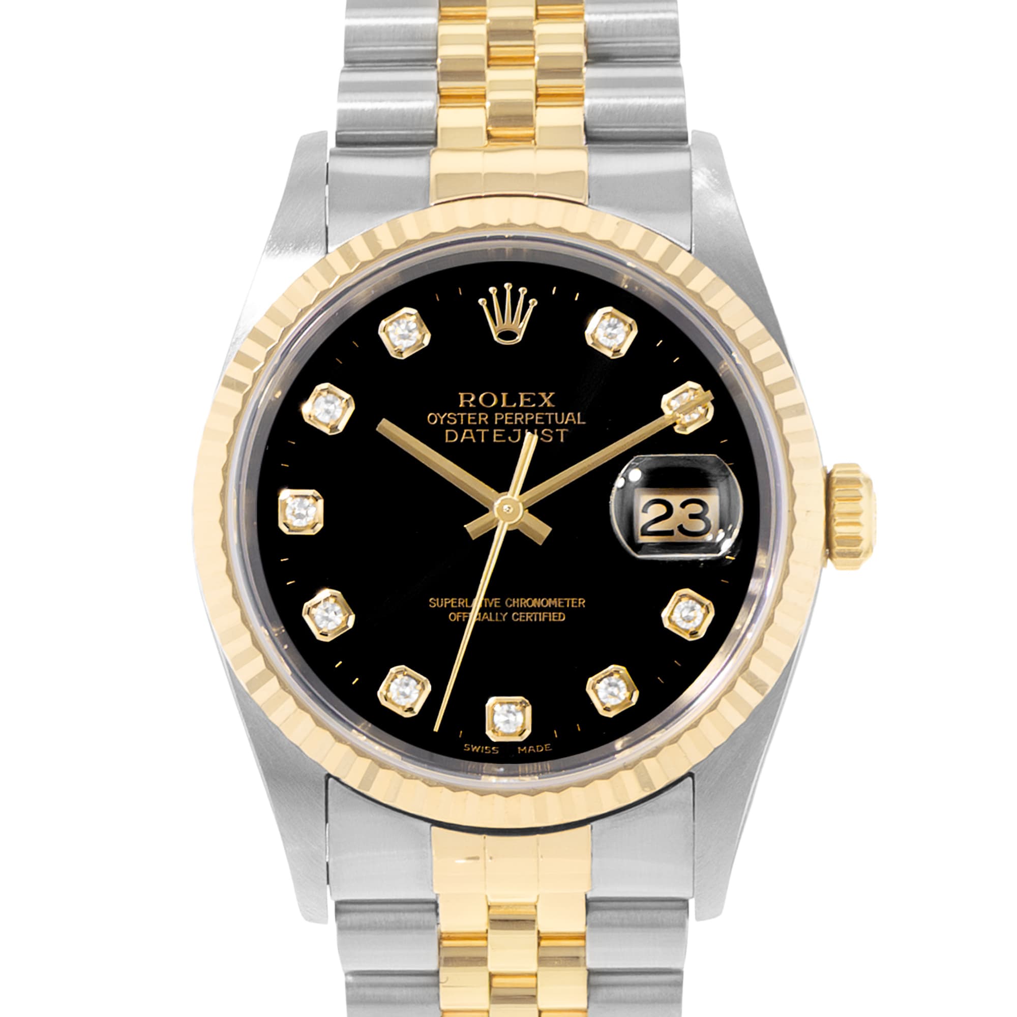 Rolex Datejust 36 16233 Black Diamond Dial Steel 18k Yellow Gold Mens Watch 2001