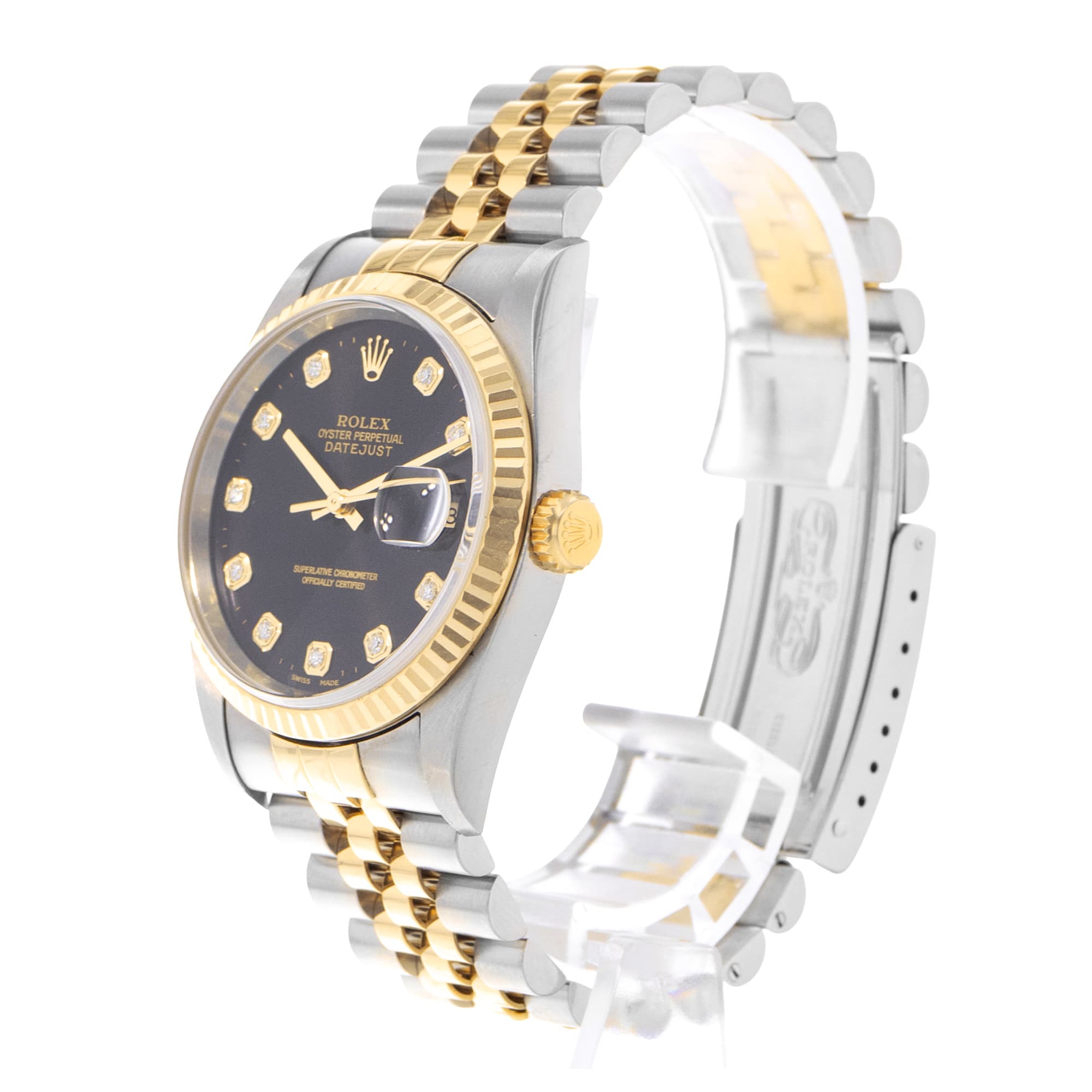 Rolex Datejust 36 16233 Black Diamond Dial Steel 18k Yellow Gold Mens Watch 2001