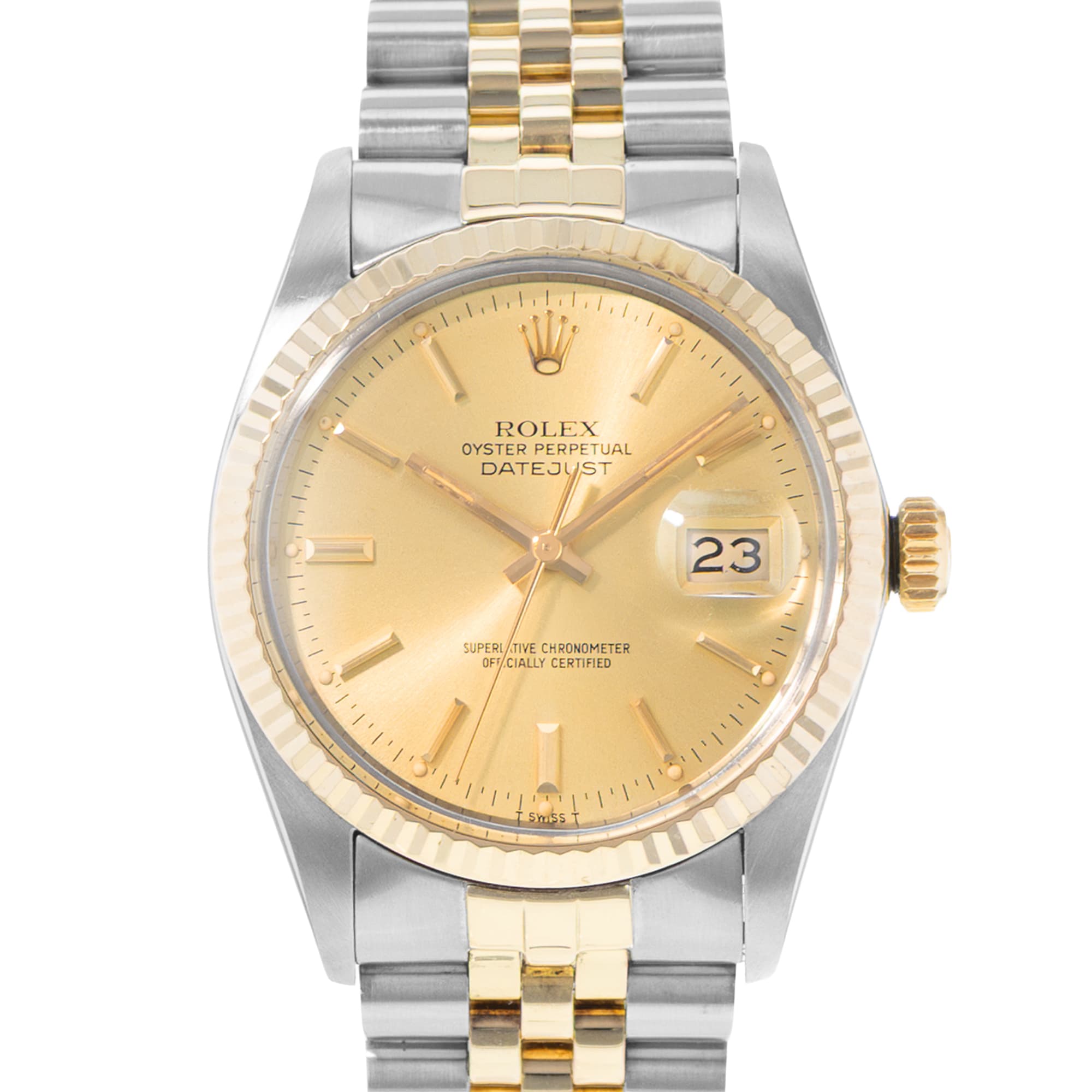 Rolex Datejust 36 16013 Champagne Index Dial Steel Yellow Gold Mens Watch