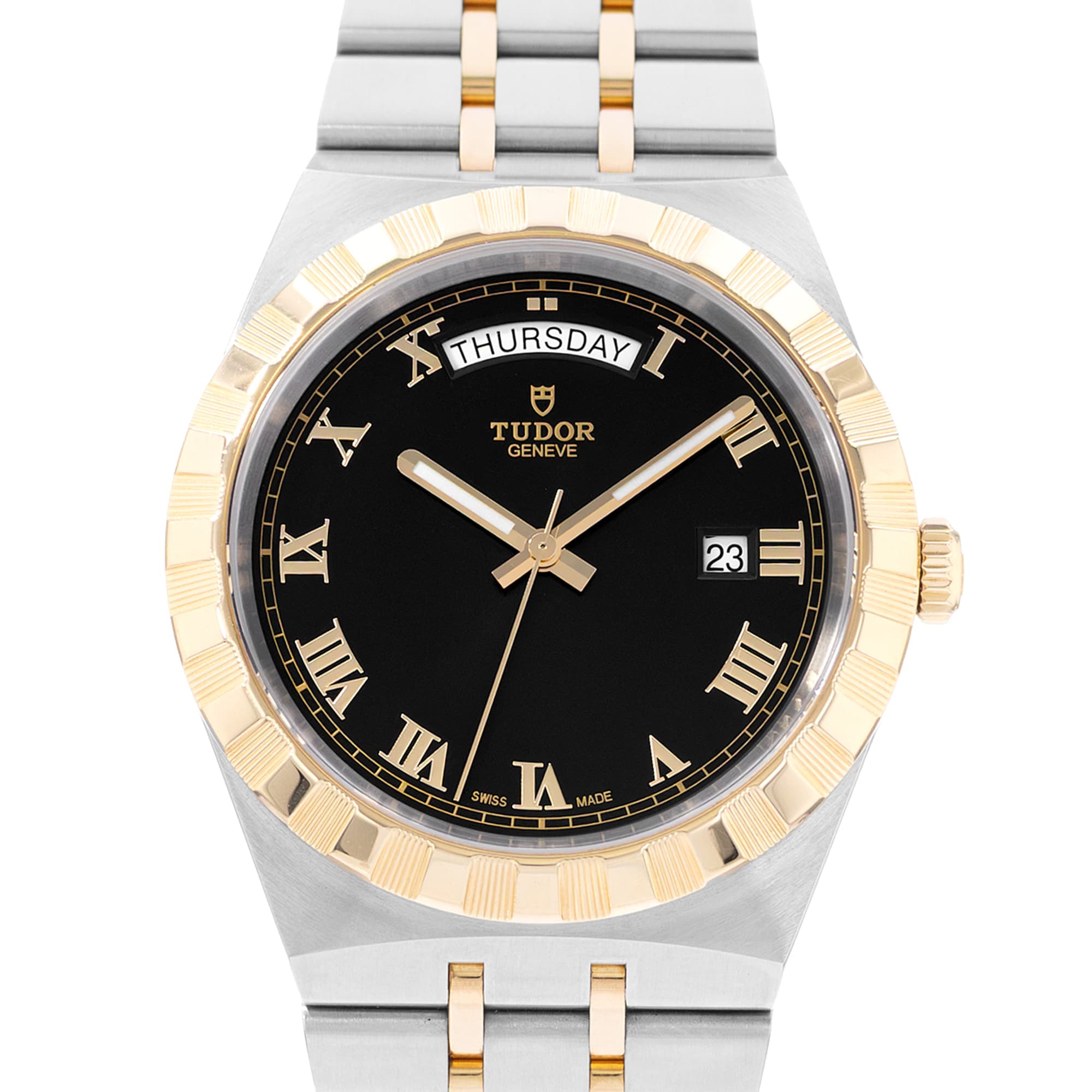 Tudor Royal 28603 41mm Black Roman Dial Steel Yellow Gold Mens Watch Box Card