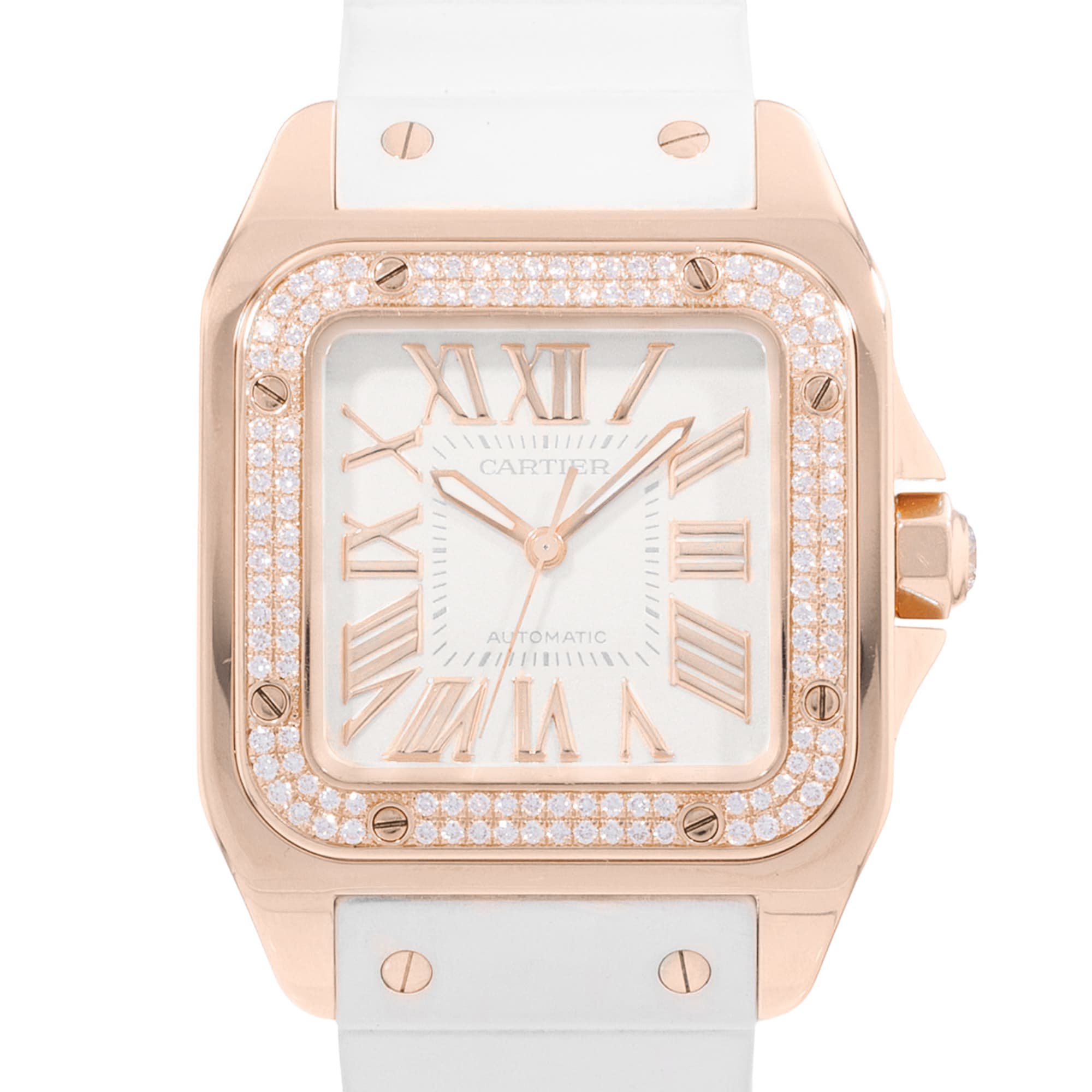 Cartier Santos 100 WM50450M 2879 36mm Medium Silver Rose Gold Diamond Mens Watch