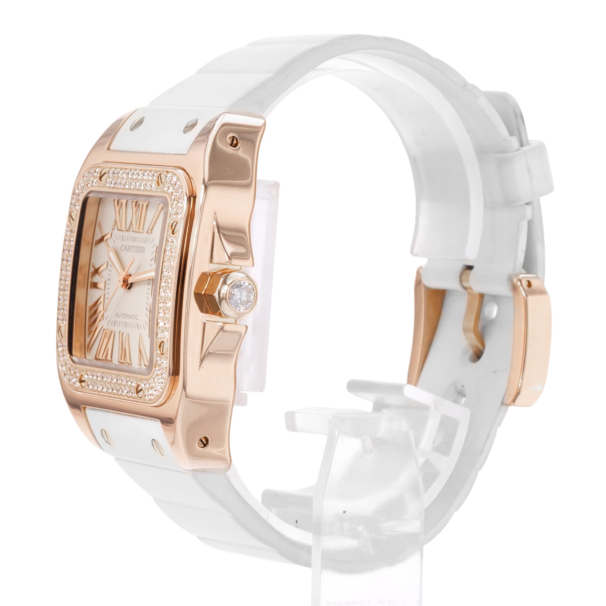 Cartier Santos 100 WM50450M 2879 36mm Medium Silver Rose Gold Diamond Mens Watch