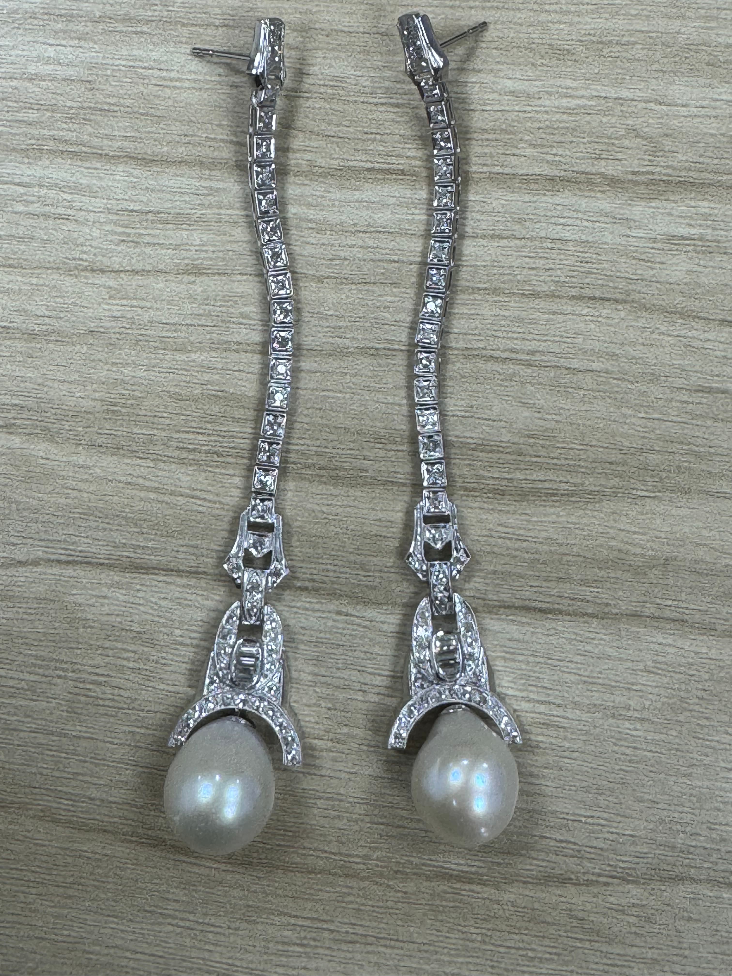 Repurposed vintage drop platinum earrings, 1.18 ct. diamonds, 11.5 mm drop natural pearl.