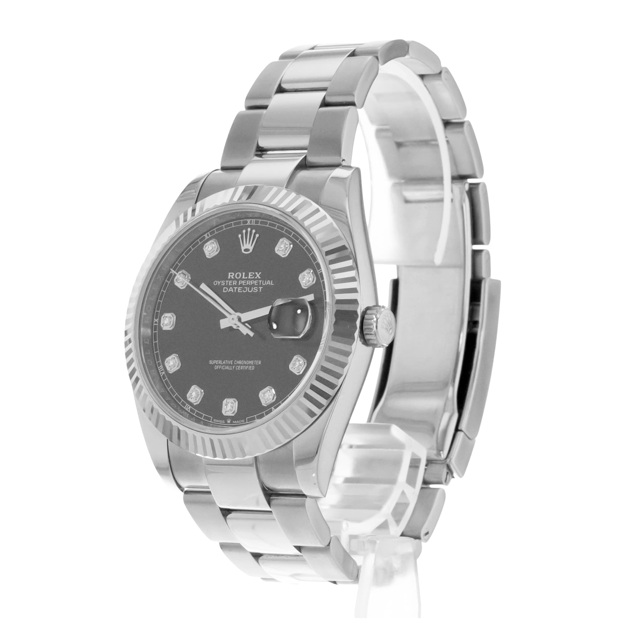 Rolex Datejust 41 126334 Black Diamond Fluted White Gold Steel Oyster Mens Watch