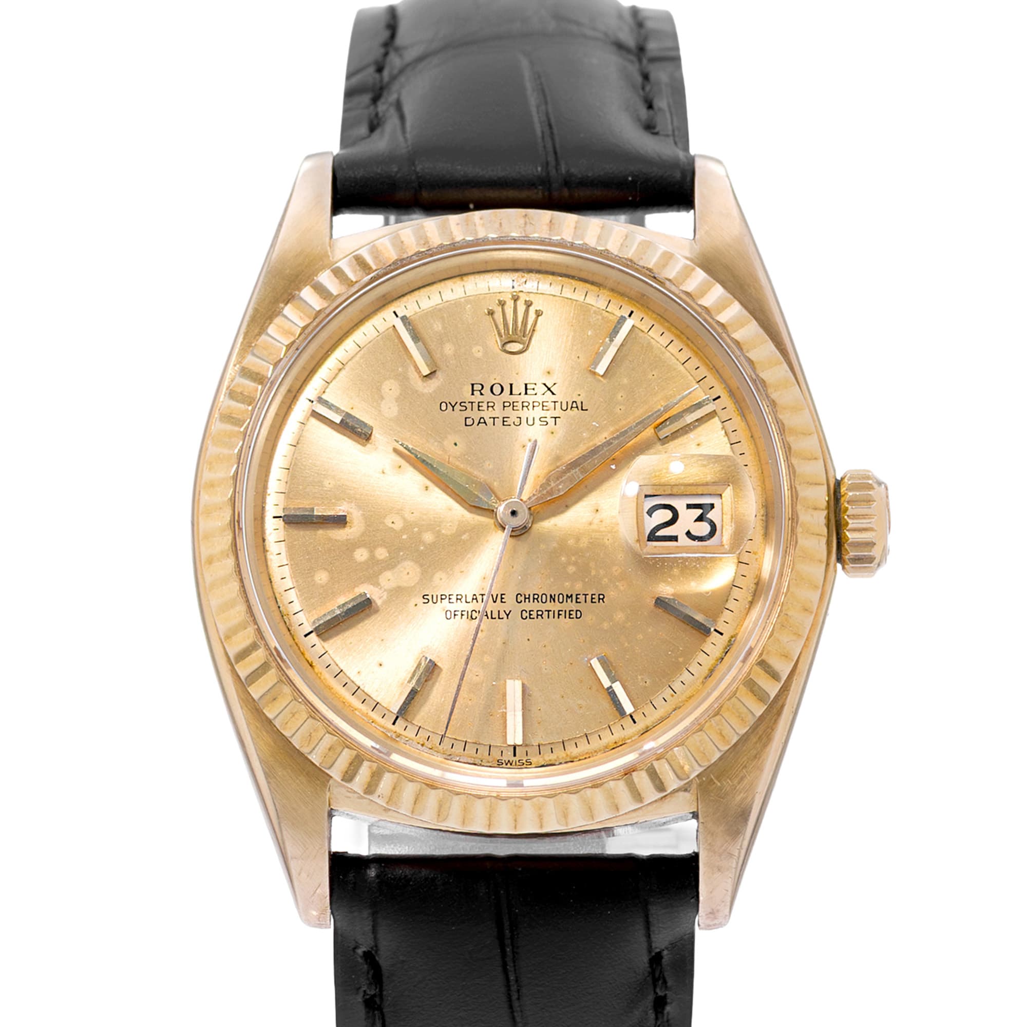 Rolex Datejust 36 1601 Champagne Patina Vintage Gold Leather Mens Watch 1962