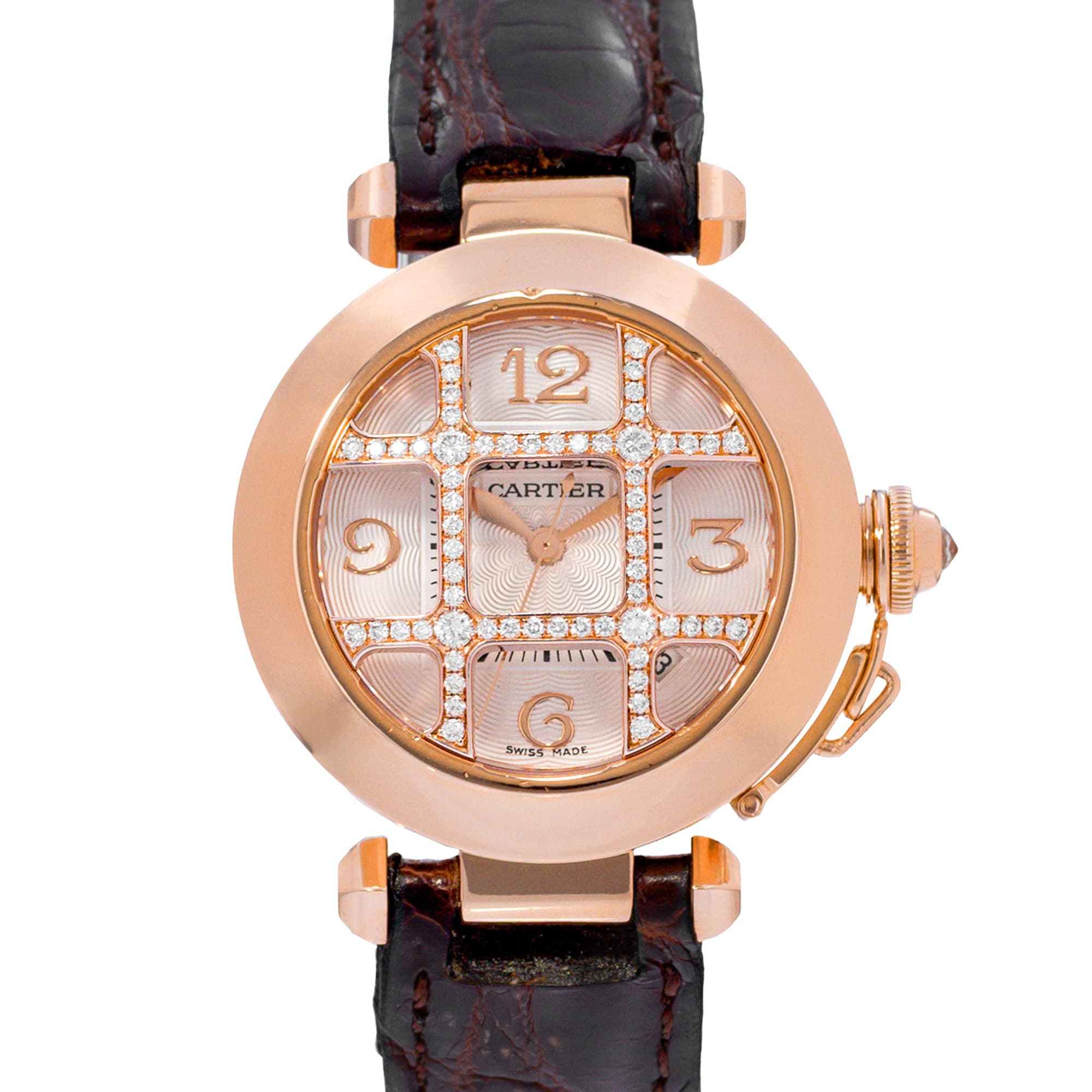 Cartier Pasha WJ116836 2620 32mm Silver Dial Diamond 18k Rose Gold Ladies Watch