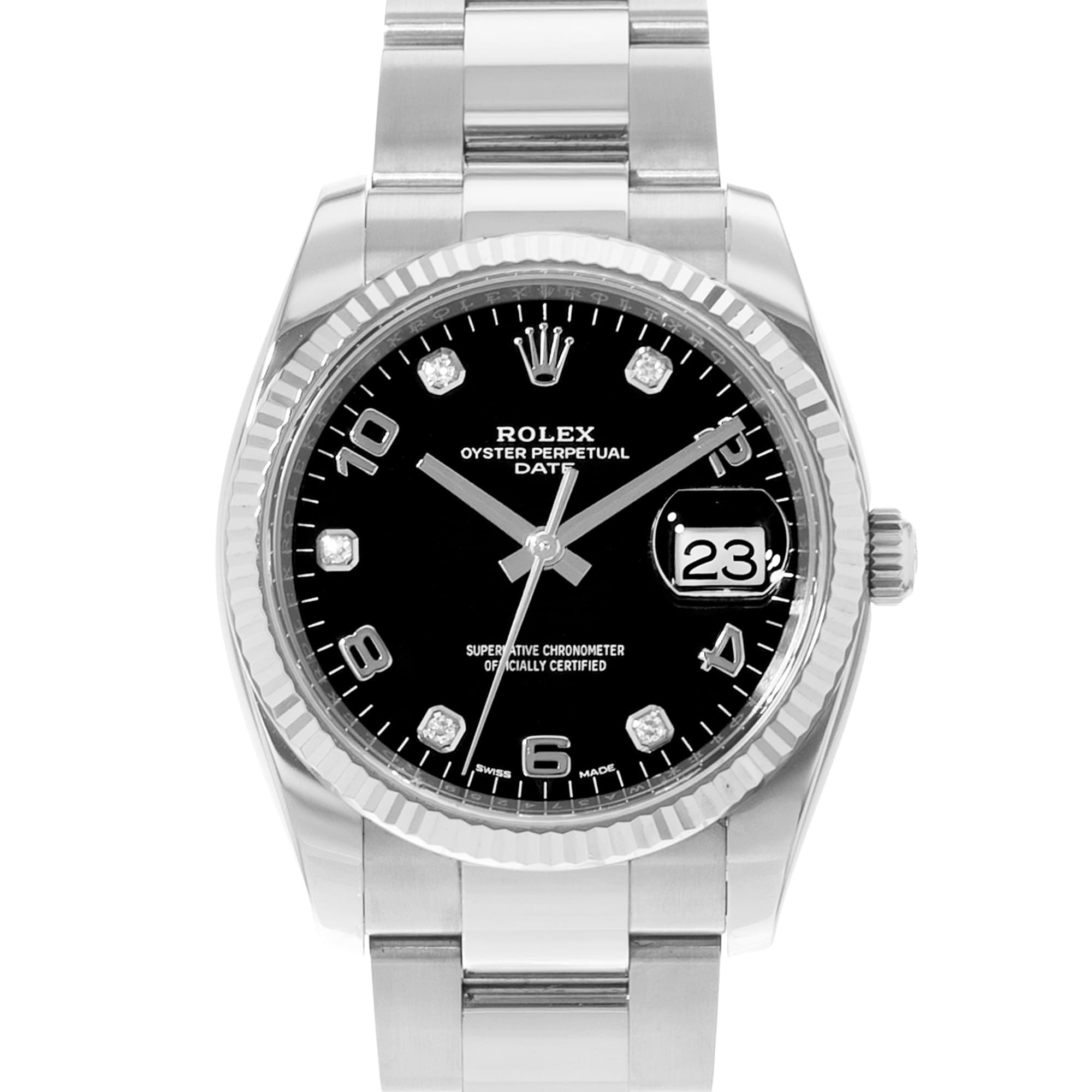 Rolex Oyster Perpetual Date 34 115234 Diamond Steel 18k White Gold Mens Watch