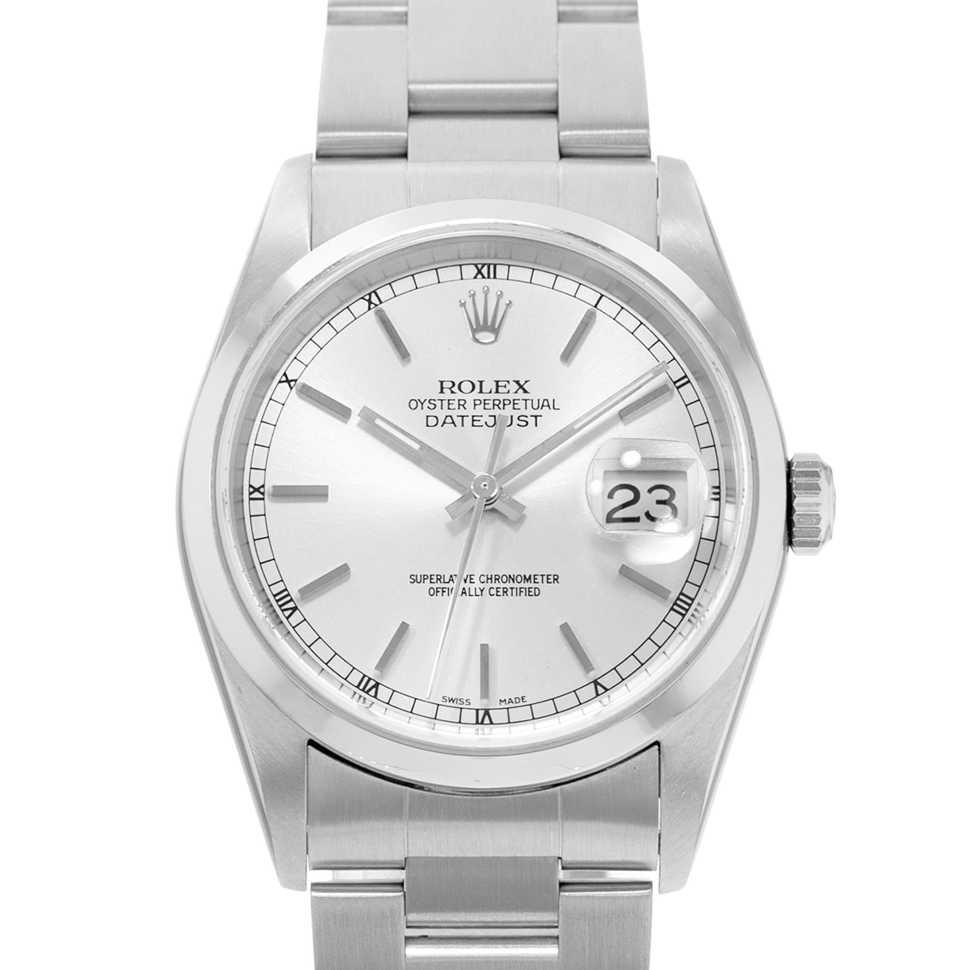 Rolex Datejust 36 16200 Silver Index Dial Steel Oyster Mens Watch Papers 2002