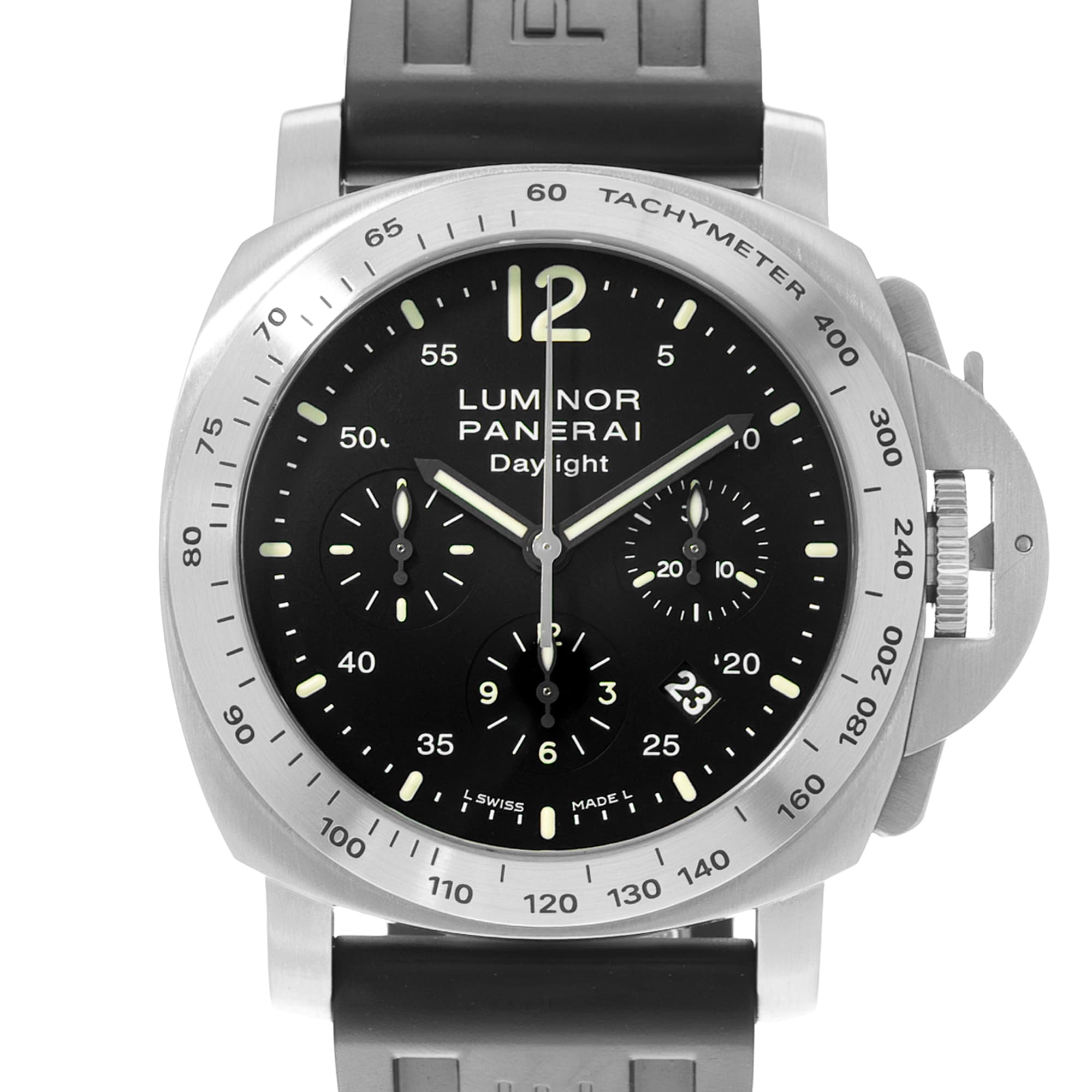 Panerai Luminor Chrono PAM00250 44mm Black Arabic Dial Steel Mens Watch