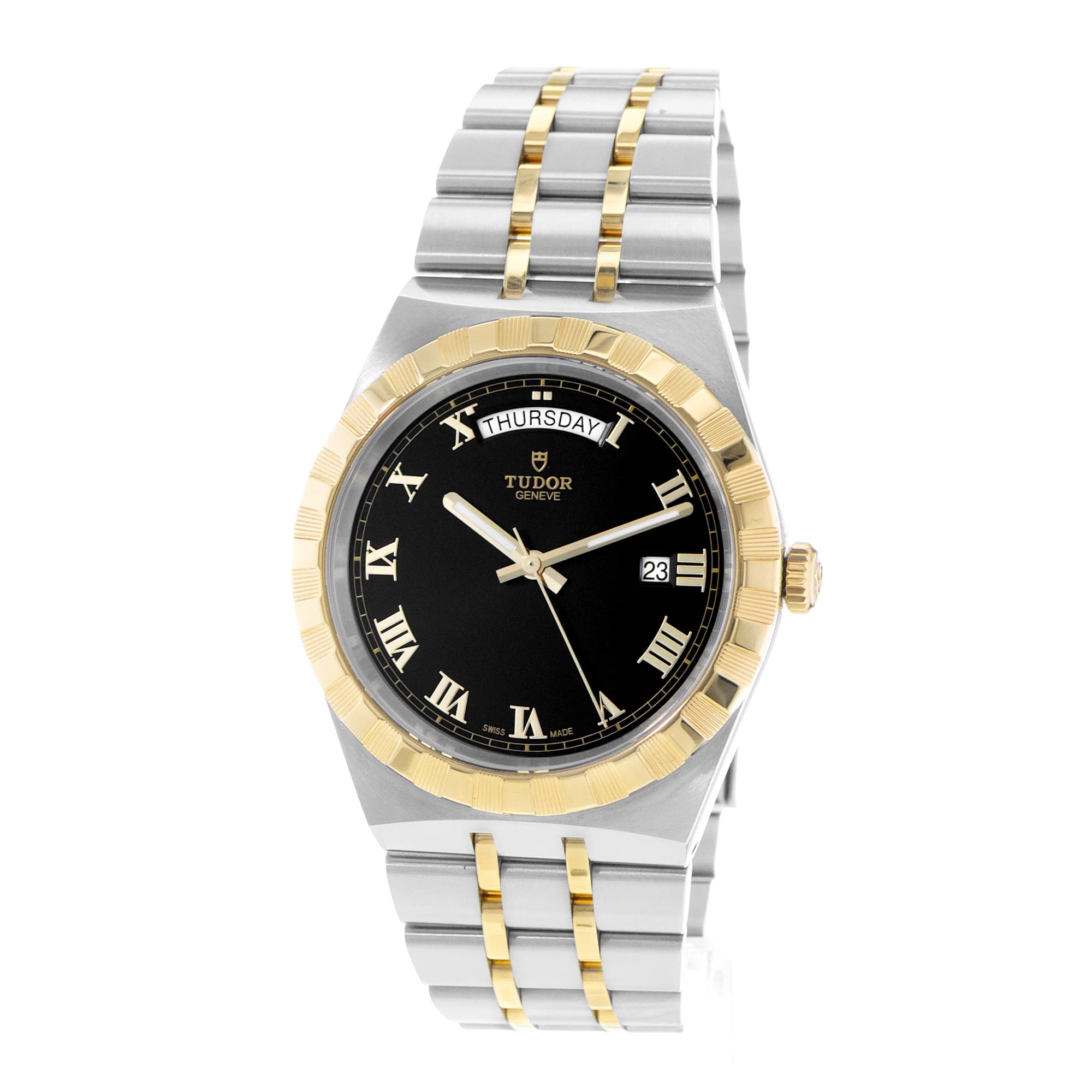 Tudor Royal 28603 41mm Black Roman Dial Steel Yellow Gold Mens Watch Box Card