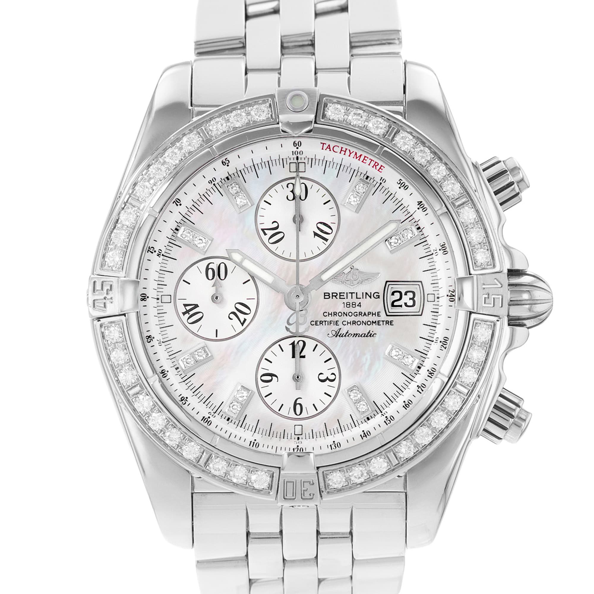 Breitling Chronomat Evolution A13356 44mm MOP Dial Steel Diamonds Mens Watch