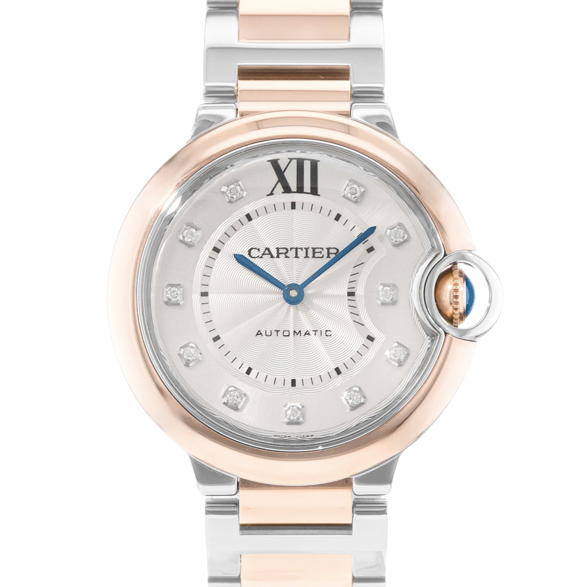 Cartier Ballon Bleu 36mm W3BB0013 3754 Silver Diamond Steel Rose Gold Mens Watch