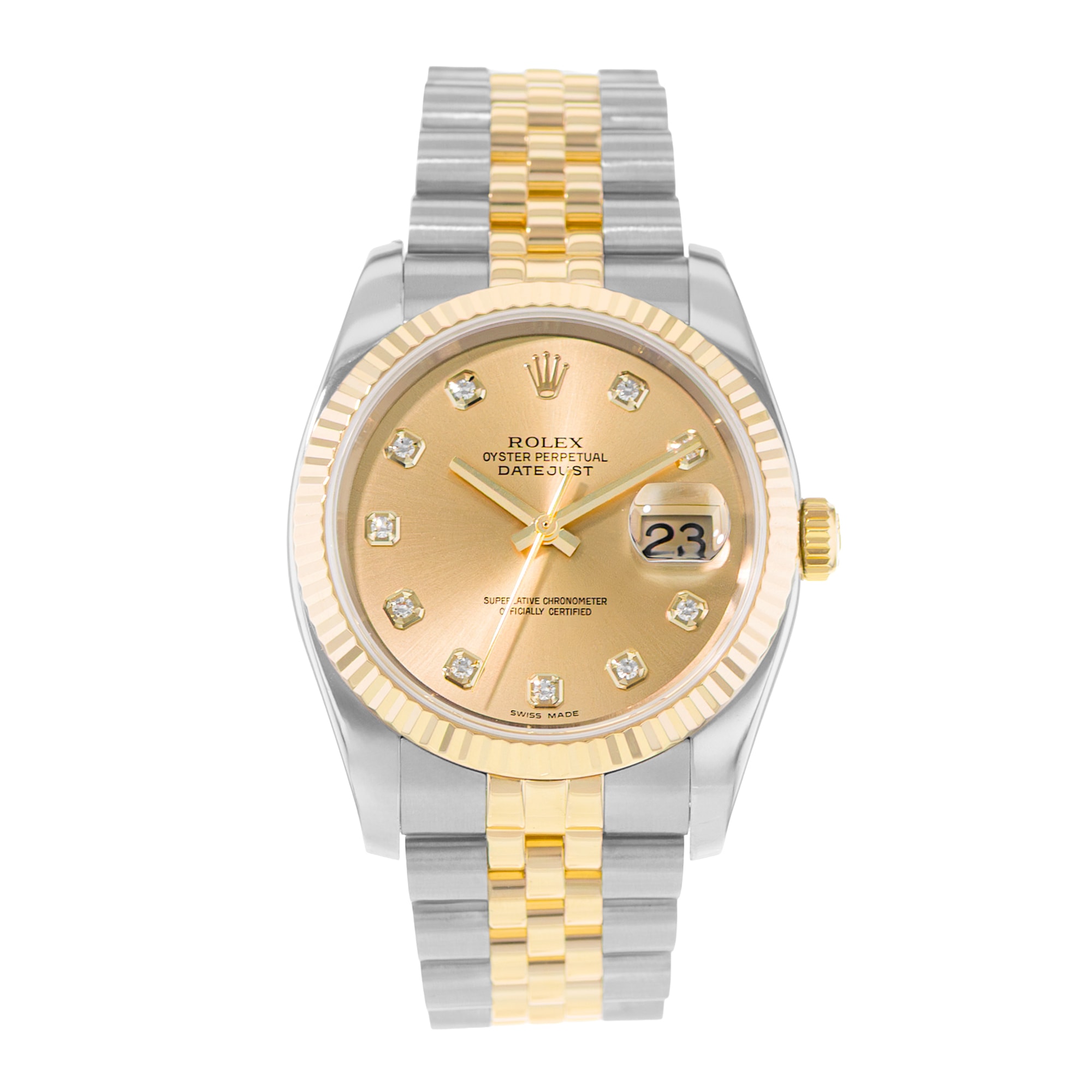 Rolex Datejust 36 116233 Champagne Diamond Fluted Steel Gold Mens Watch 2006