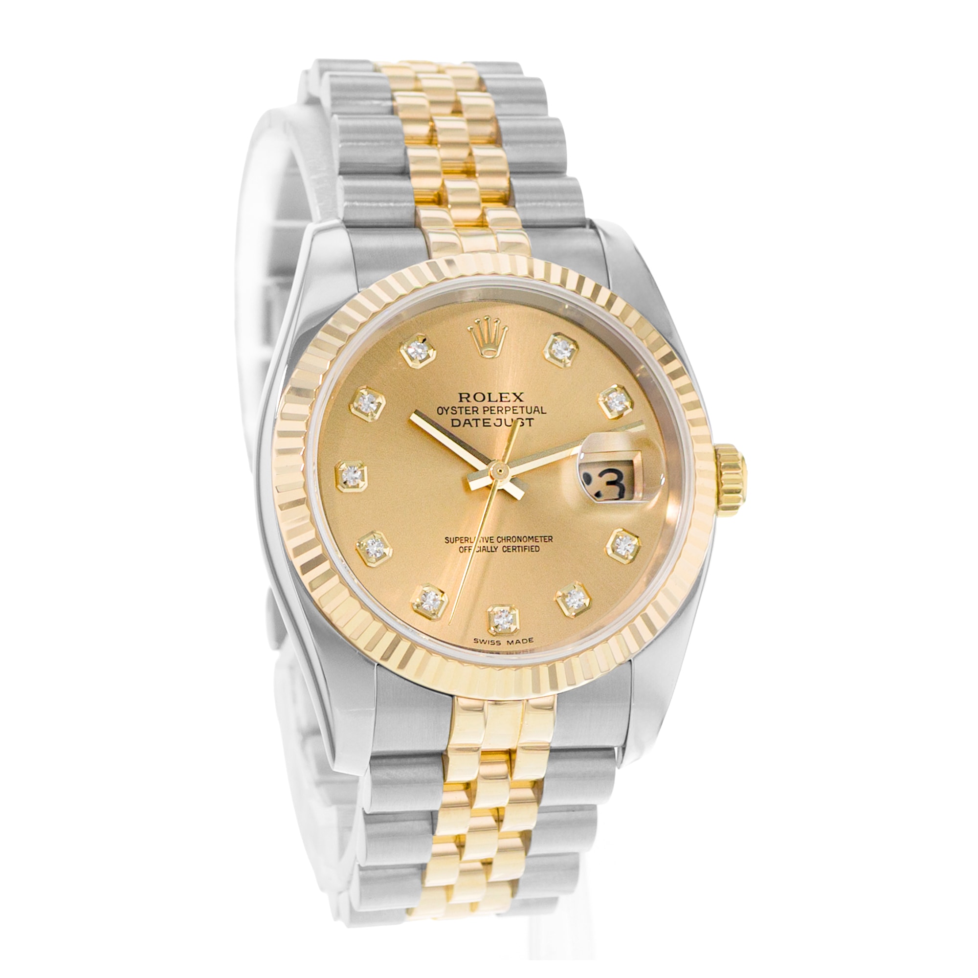 Rolex Datejust 36 116233 Champagne Diamond Fluted Steel Gold Mens Watch 2006