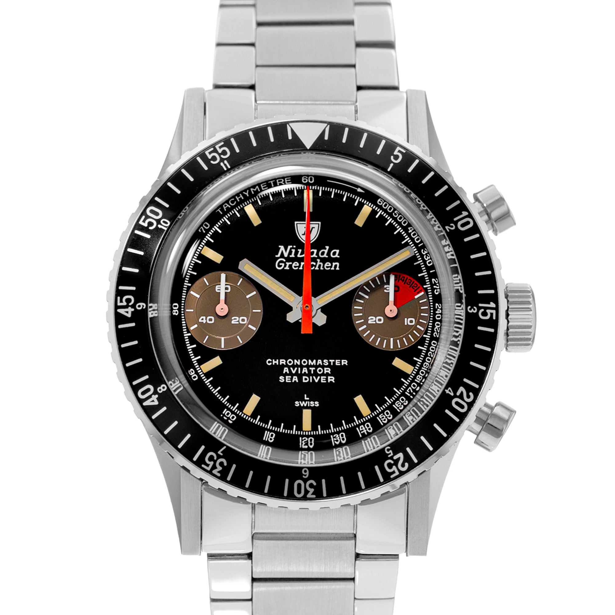 Nivada Chronomaster 87033M20 38mm Blacl Index Steel Chronograph Mens Watch 2020