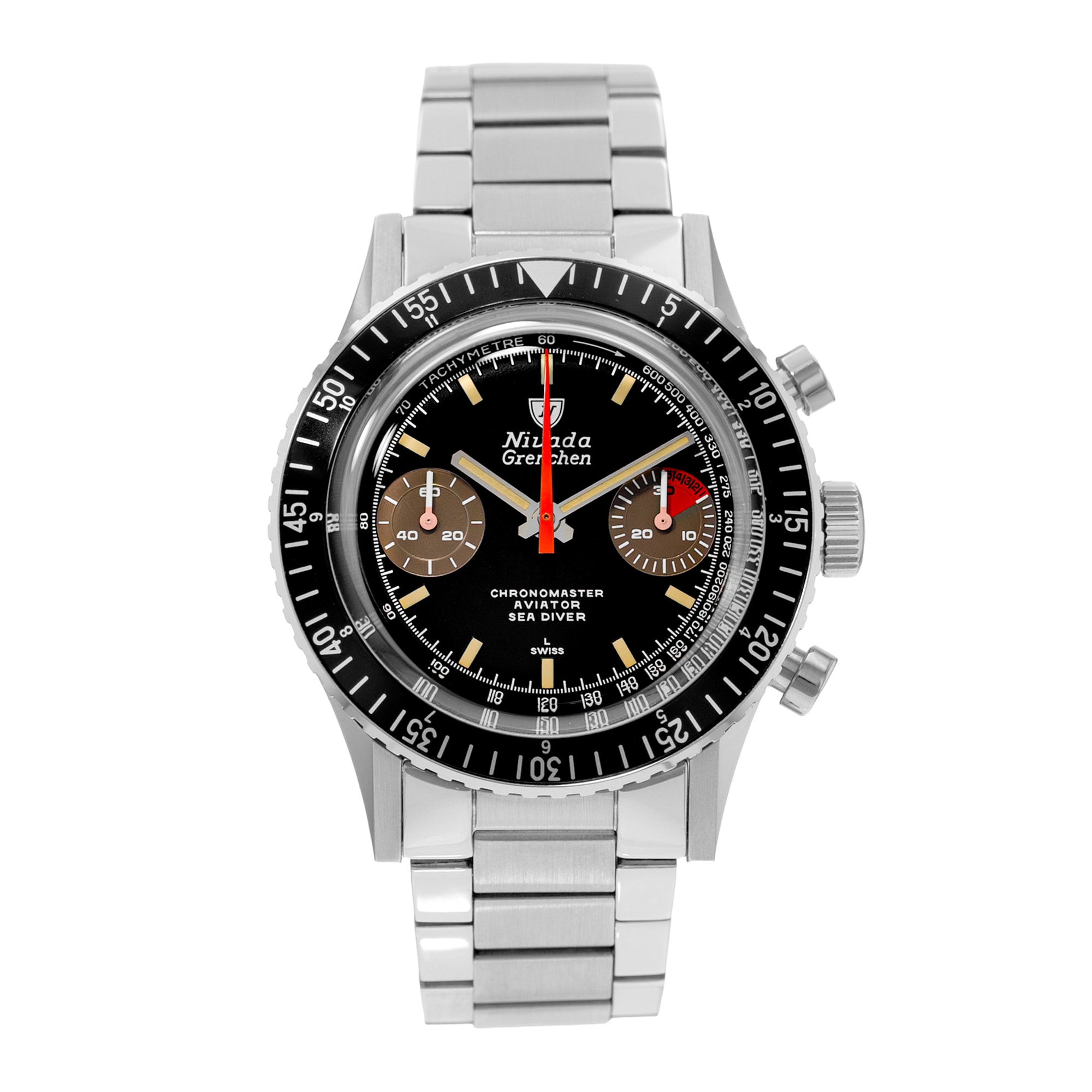 Nivada Chronomaster 87033M20 38mm Blacl Index Steel Chronograph Mens Watch 2020