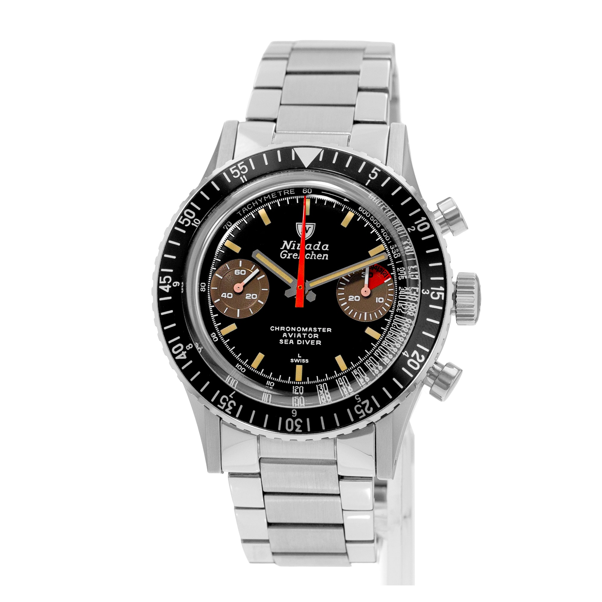 Nivada Chronomaster 87033M20 38mm Blacl Index Steel Chronograph Mens Watch 2020