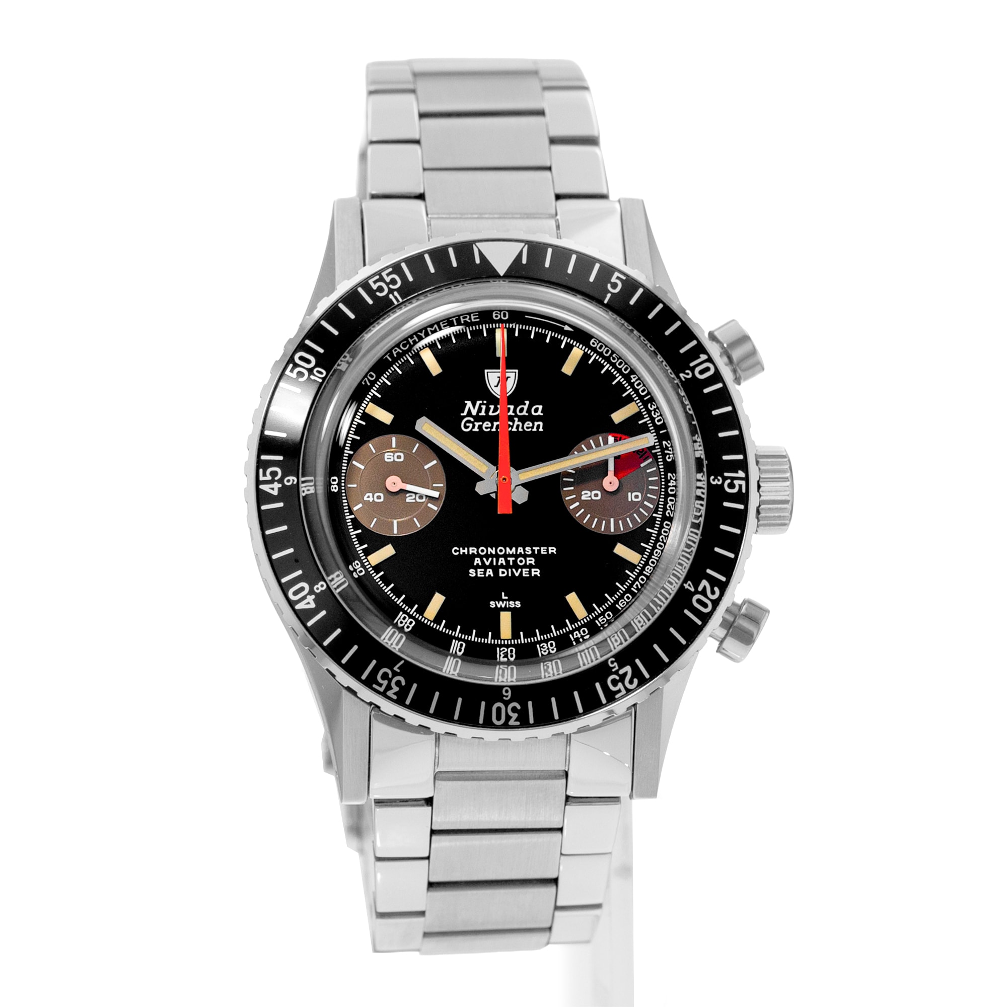 Nivada Chronomaster 87033M20 38mm Blacl Index Steel Chronograph Mens Watch 2020