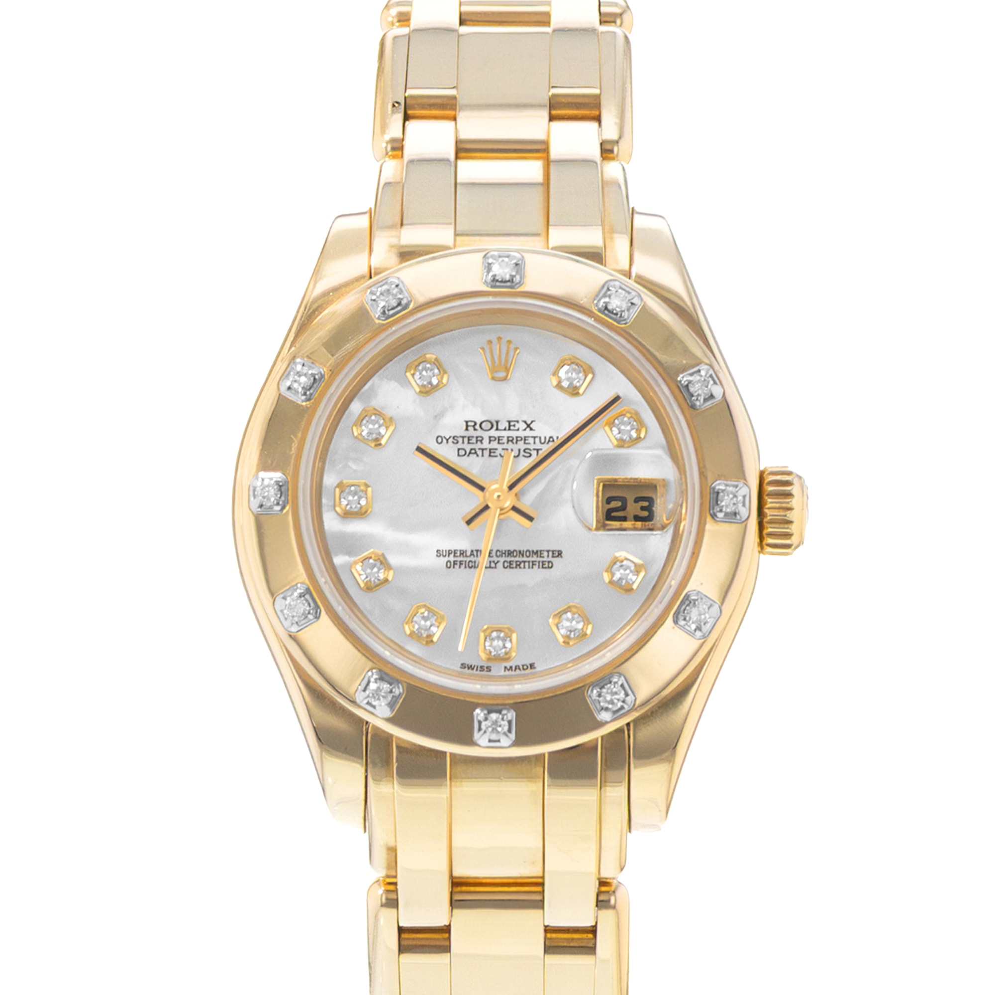 Rolex Pearlmaster 80318 29mm MOP Diamond Dial Yellow Gold Oyster Ladies Watch