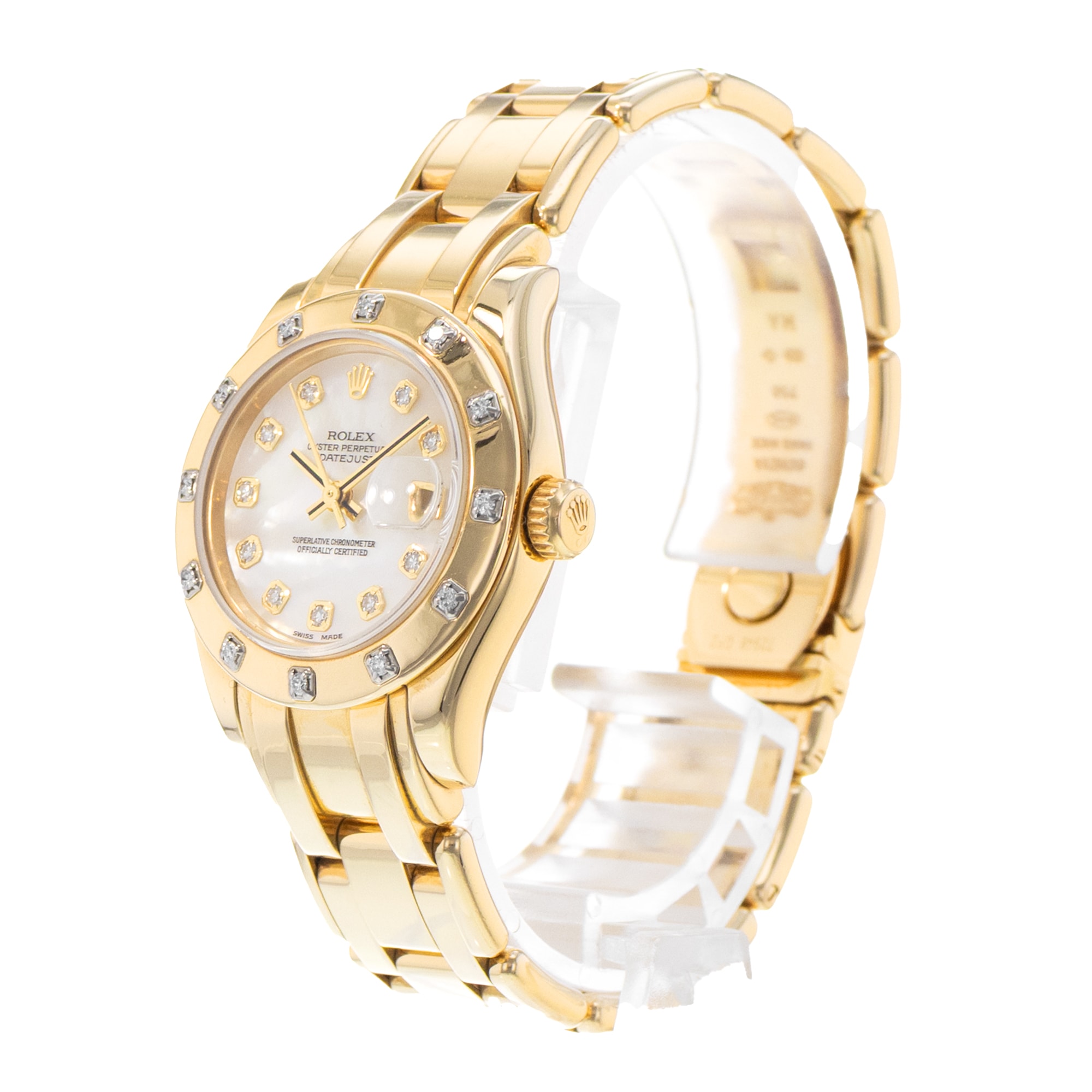 Rolex Pearlmaster 80318 29mm MOP Diamond Dial Yellow Gold Oyster Ladies Watch