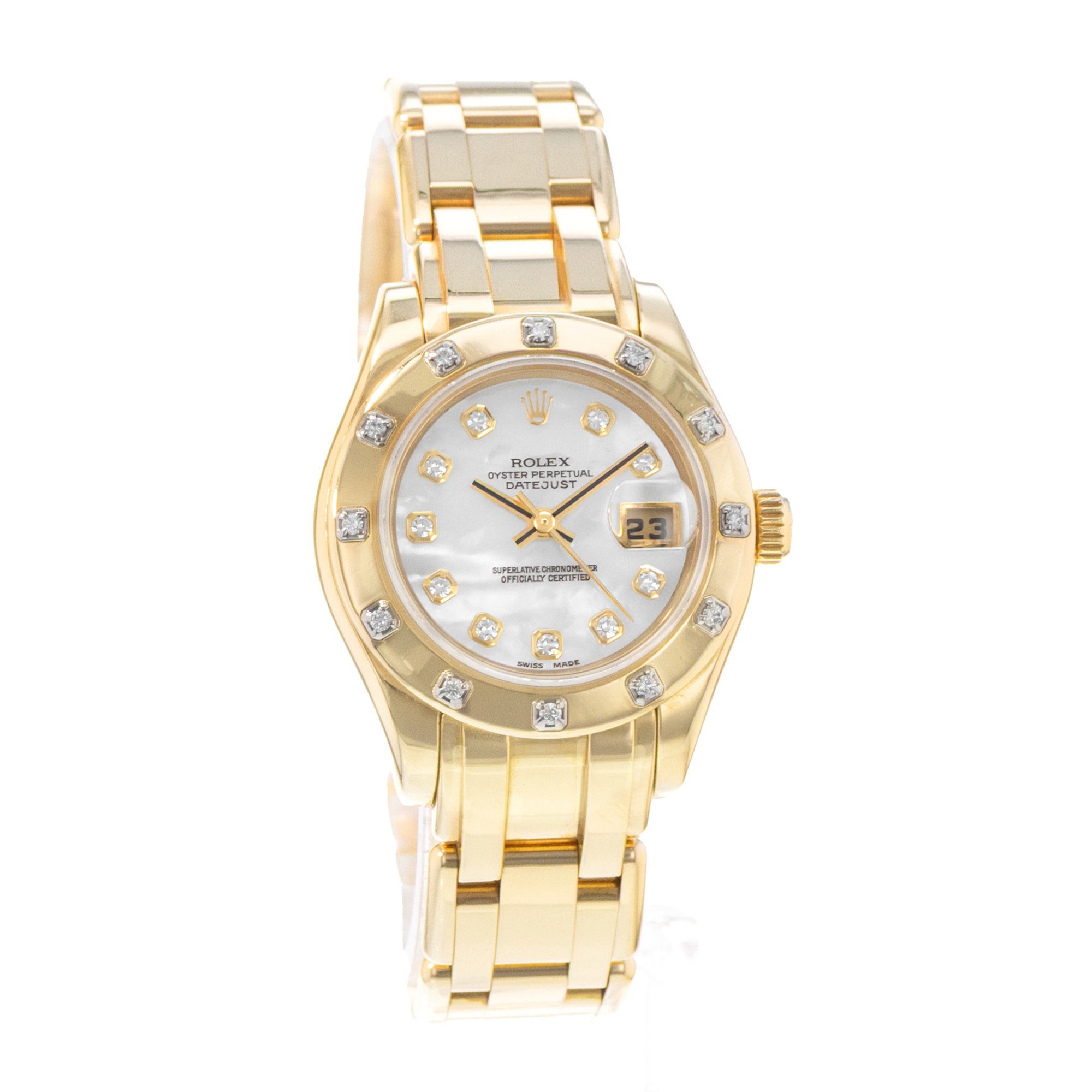 Rolex Pearlmaster 80318 29mm MOP Diamond Dial Yellow Gold Oyster Ladies Watch