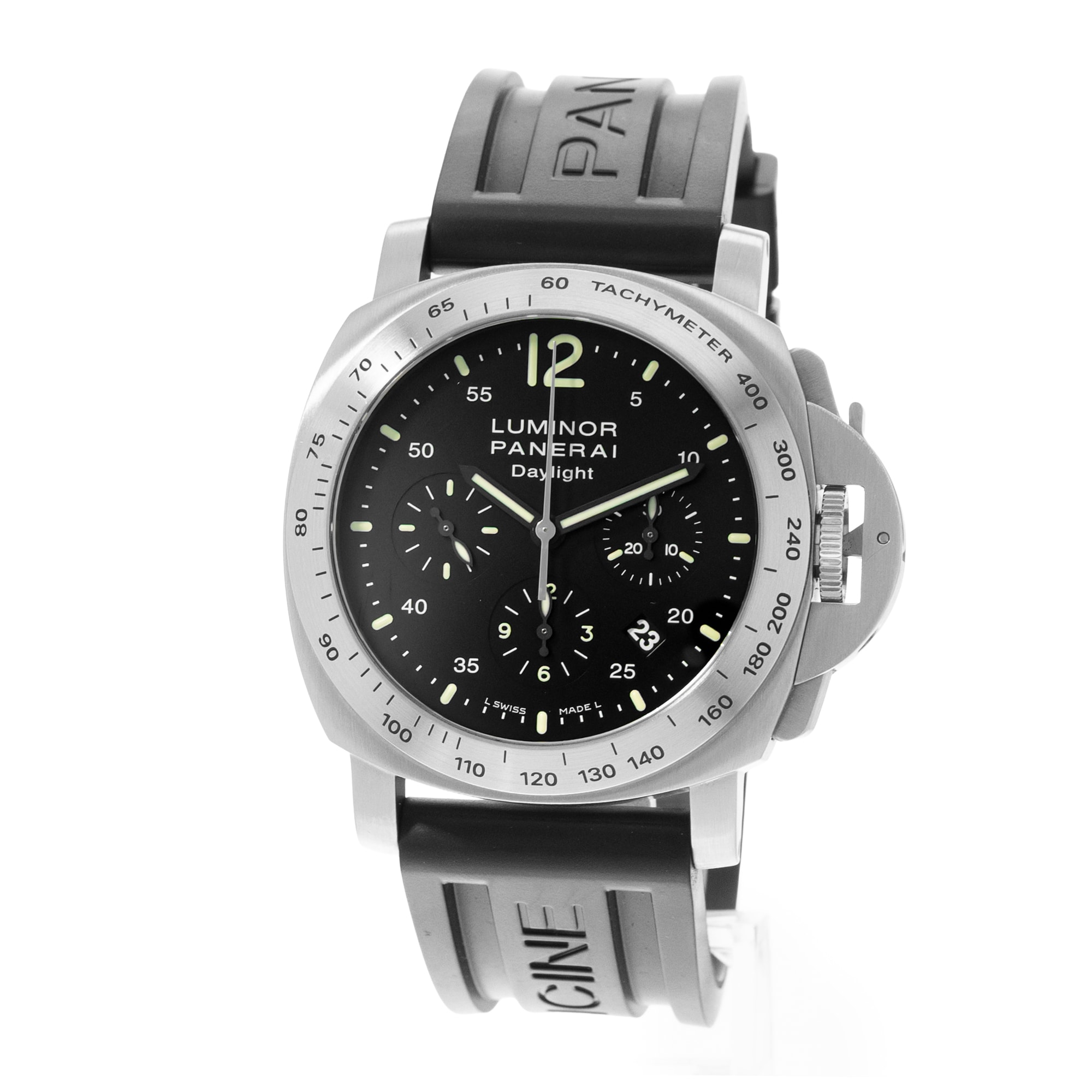 Panerai Luminor Chrono PAM00250 44mm Black Arabic Dial Steel Mens Watch