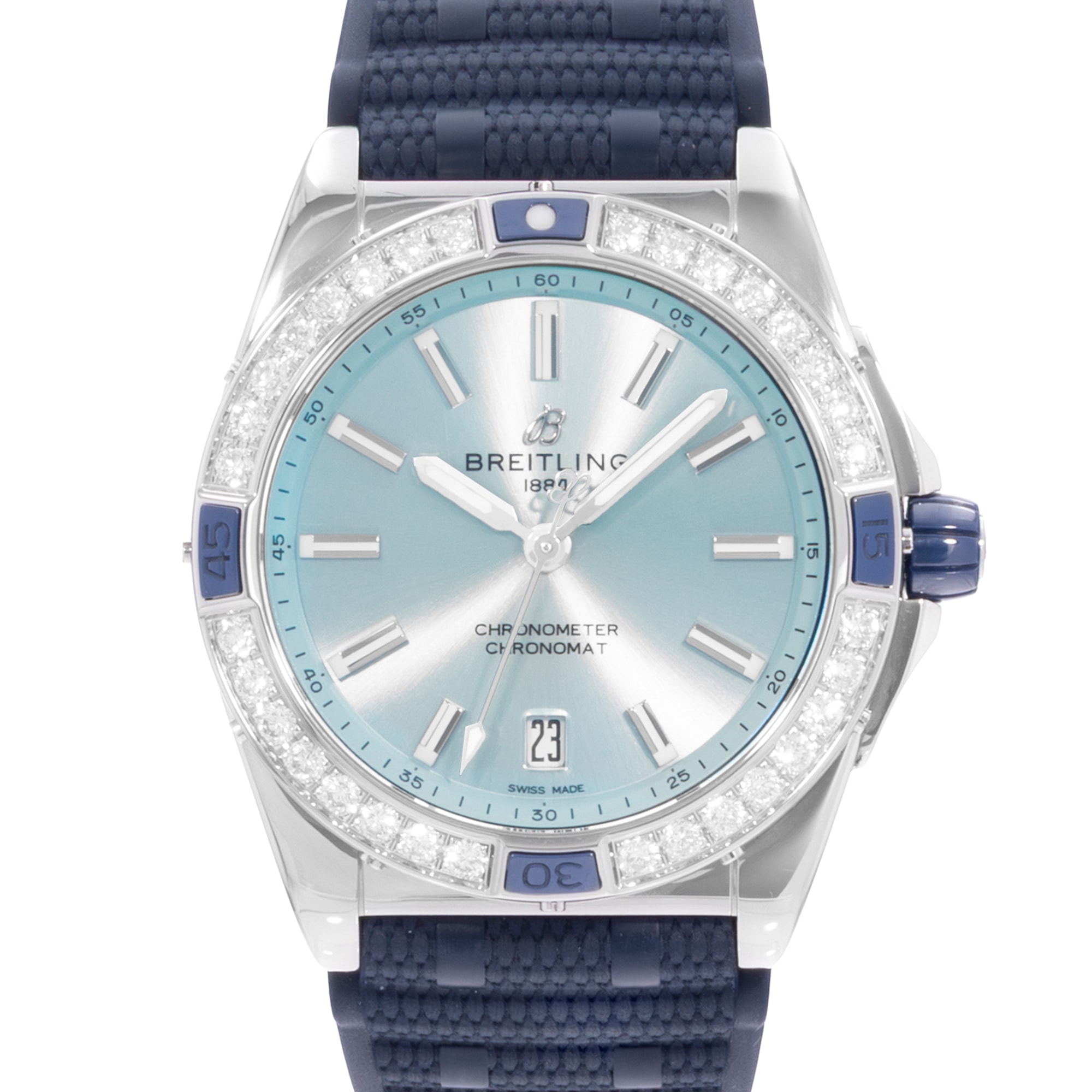 Breitling Chronomat A17356531C1S1 28mm Blue Diamonds Steel Mens Wat Box Card