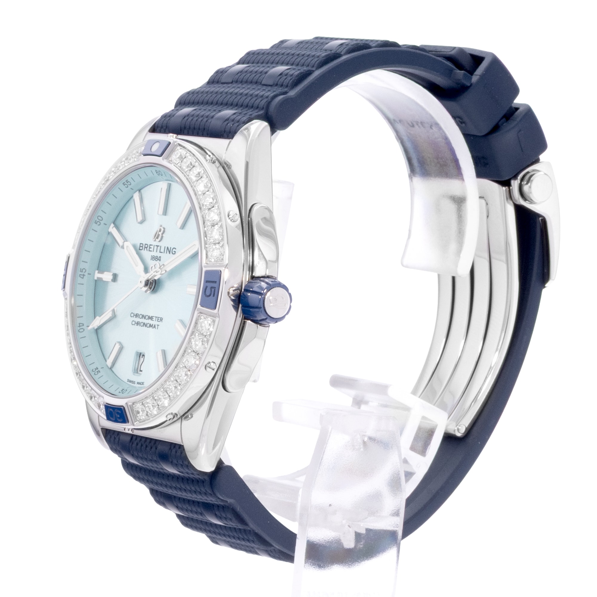 Breitling Chronomat A17356531C1S1 28mm Blue Diamonds Steel Mens Wat Box Card