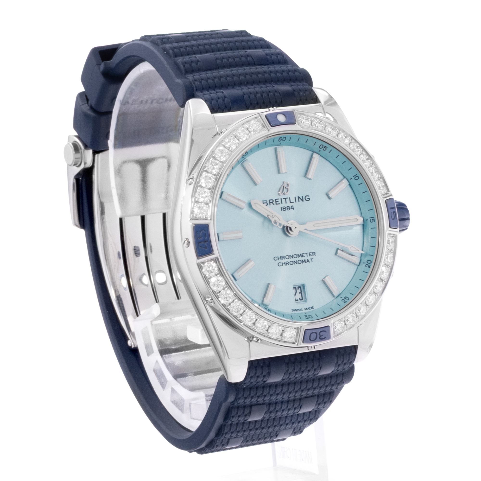 Breitling Chronomat A17356531C1S1 28mm Blue Diamonds Steel Mens Wat Box Card
