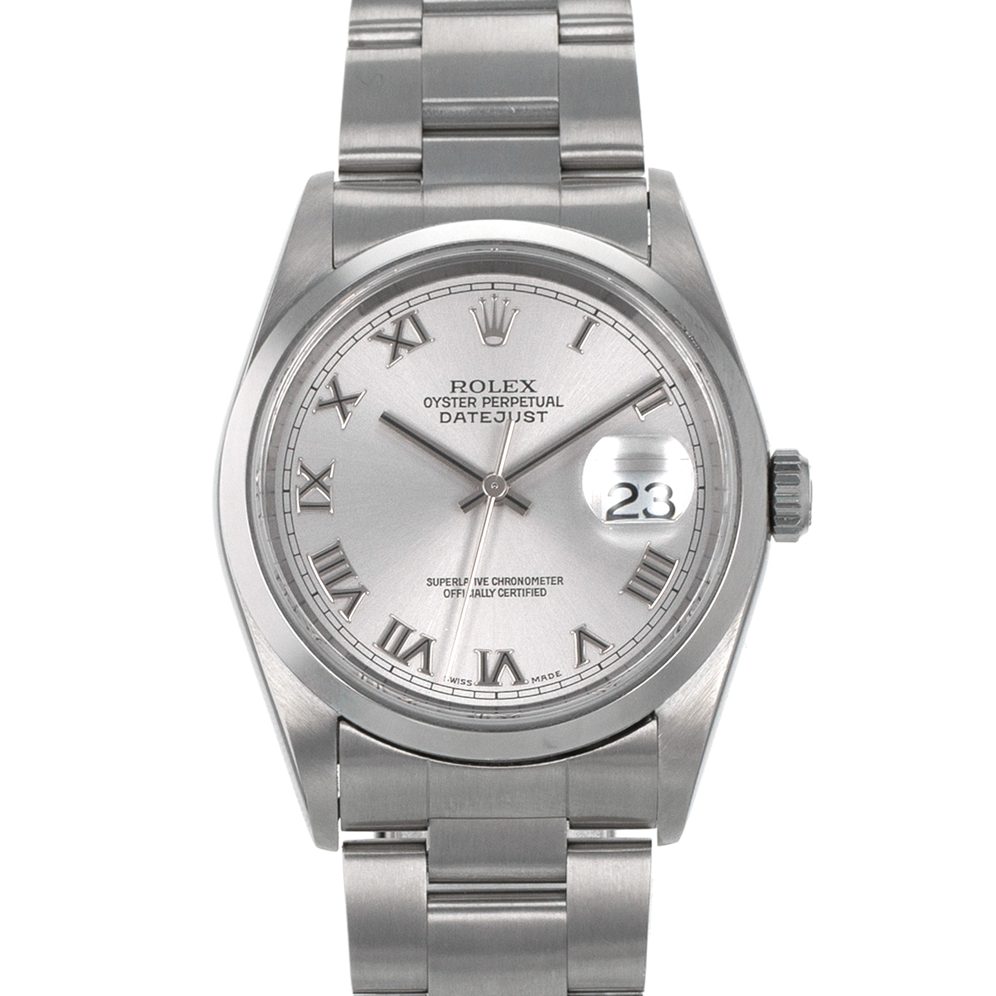 Rolex Datejust 36 16200 Grey Roman Smooth Stainless Steel Oyster Mens Watch