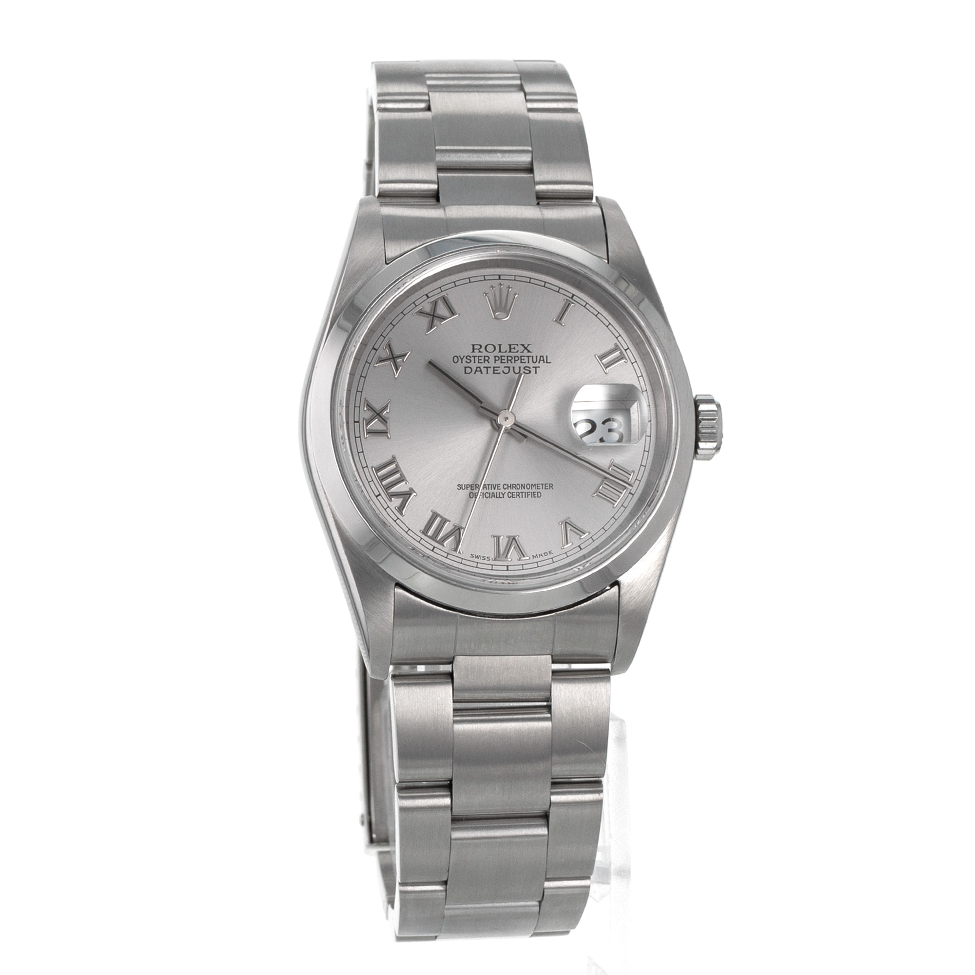 Rolex Datejust 36 16200 Grey Roman Smooth Stainless Steel Oyster Mens Watch