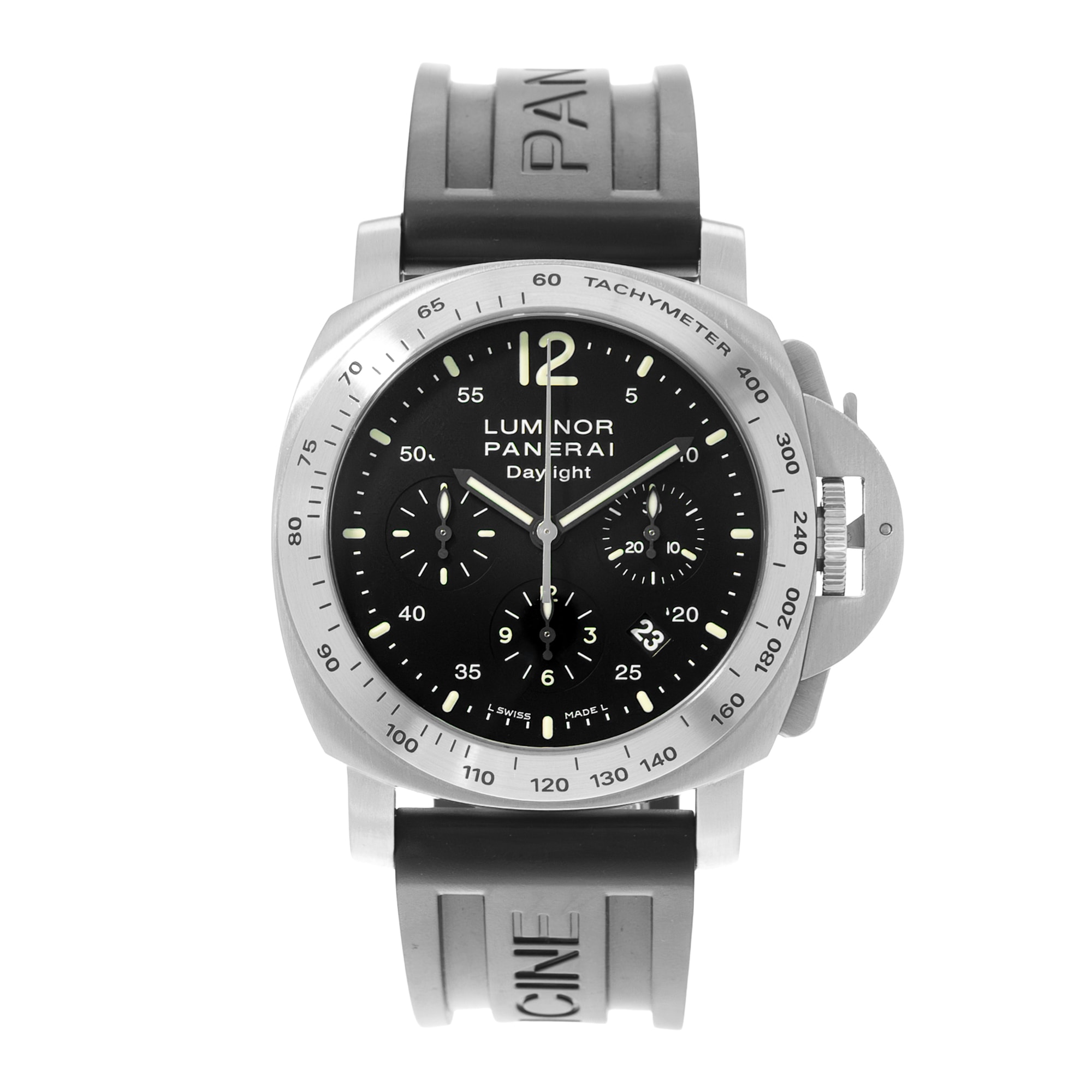 Panerai Luminor Chrono PAM00250 44mm Black Arabic Dial Steel Mens Watch