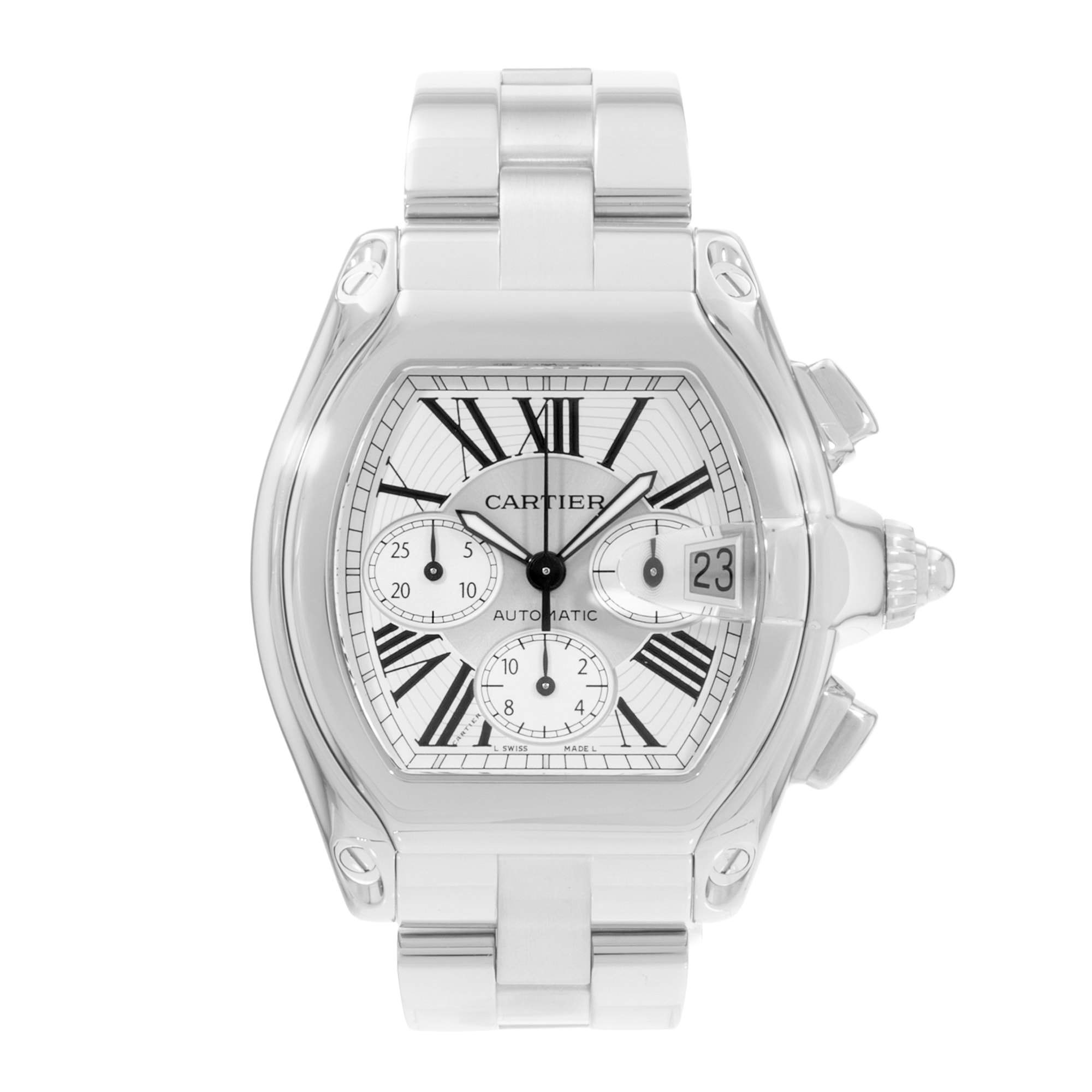 Cartier Roadster W62019X6 2618 43mm XL Silver Dial Steel Mens Mens Watch