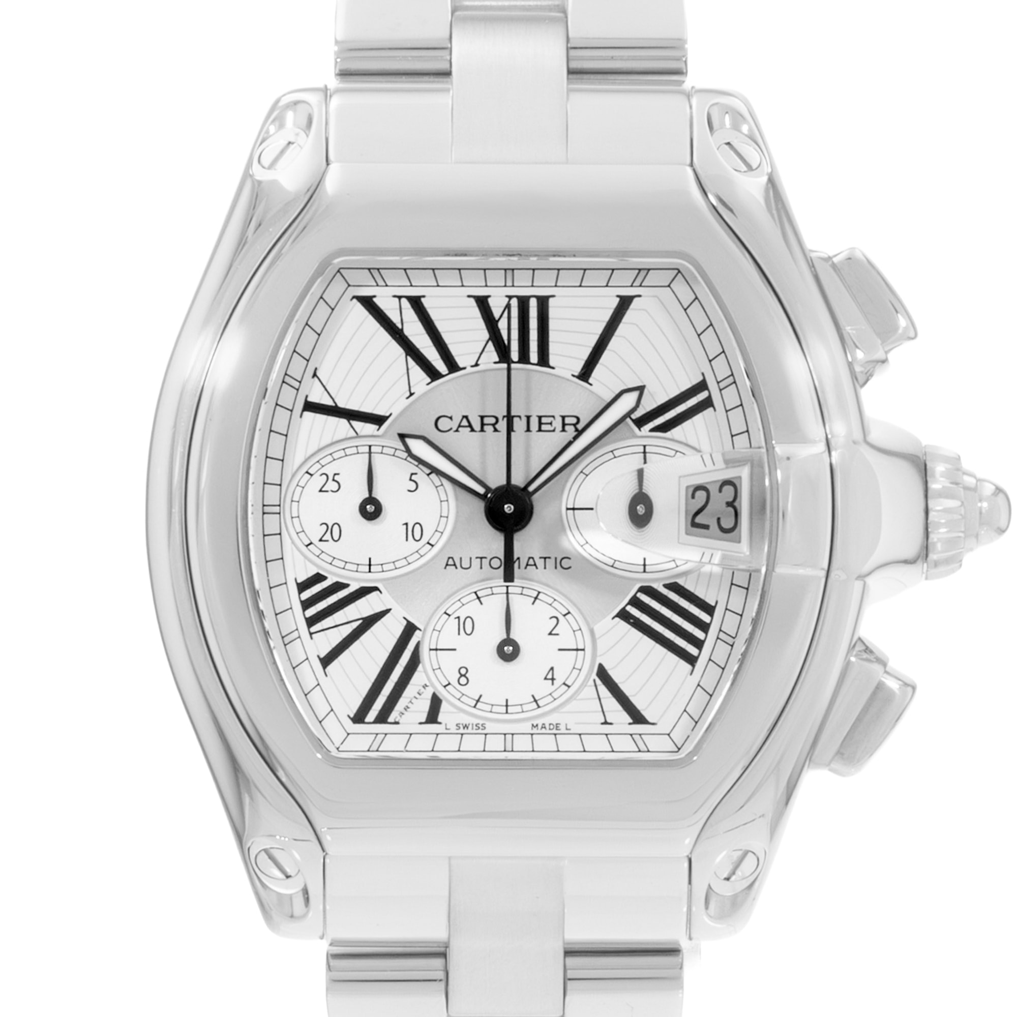 Cartier Roadster W62019X6 2618 43mm XL Silver Dial Steel Mens Mens Watch