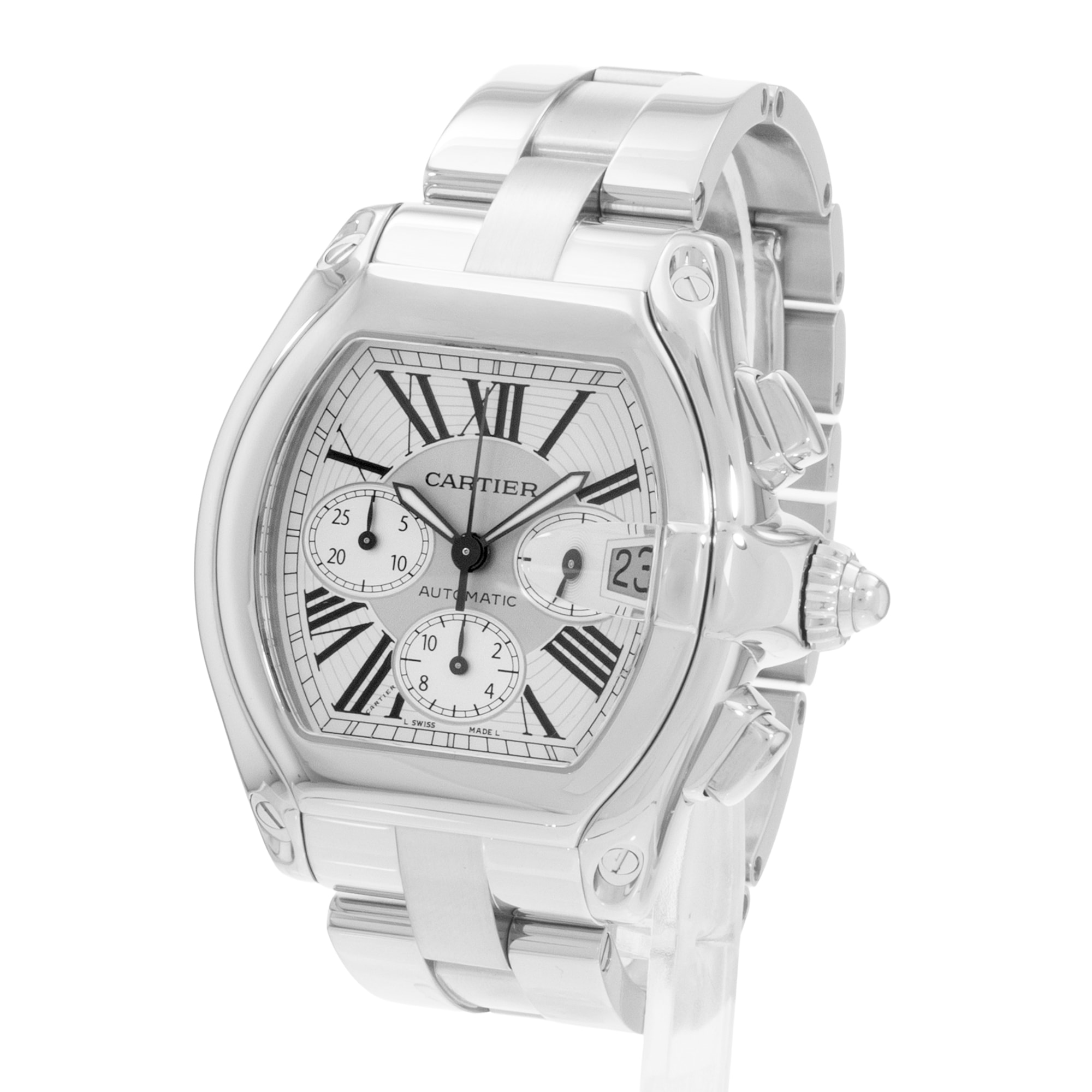 Cartier Roadster W62019X6 2618 43mm XL Silver Dial Steel Mens Mens Watch